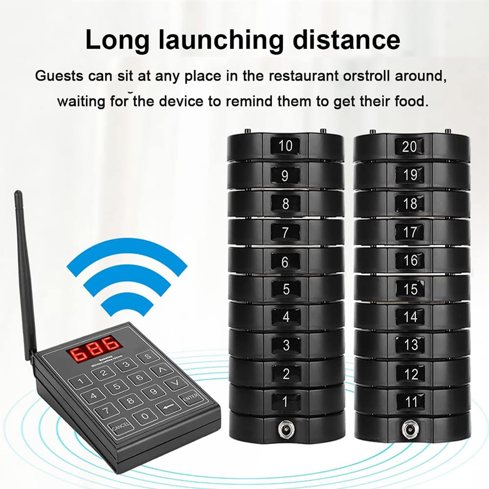 Sistema di chiamata wireless per ristorante, 1 tastiera + 30 sottobicchieri, 3 modalità (vibrazione, cicalino, flash), 999 canali