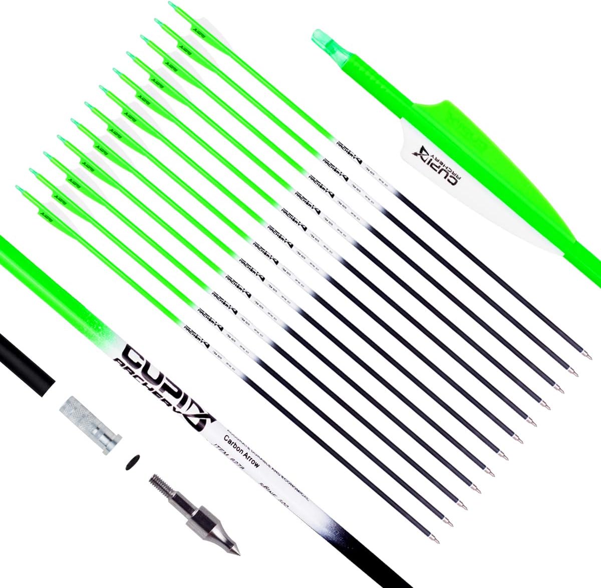 LWANO Carbon Arrow Archery 30inch Hunting Target Practice Arrows for Compound & Recurve Bow Spine 500 with Removable Tips (Pack of 12) Green 31Inch