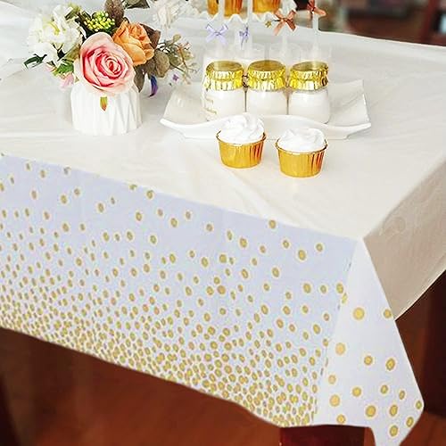 Miniatura 3 de Paquete de 2 manteles rectangulares desechables de plástico, color blanco y dorado, de 54 x 108 pulgadas, para cumpleaños, bodas, baby shower,