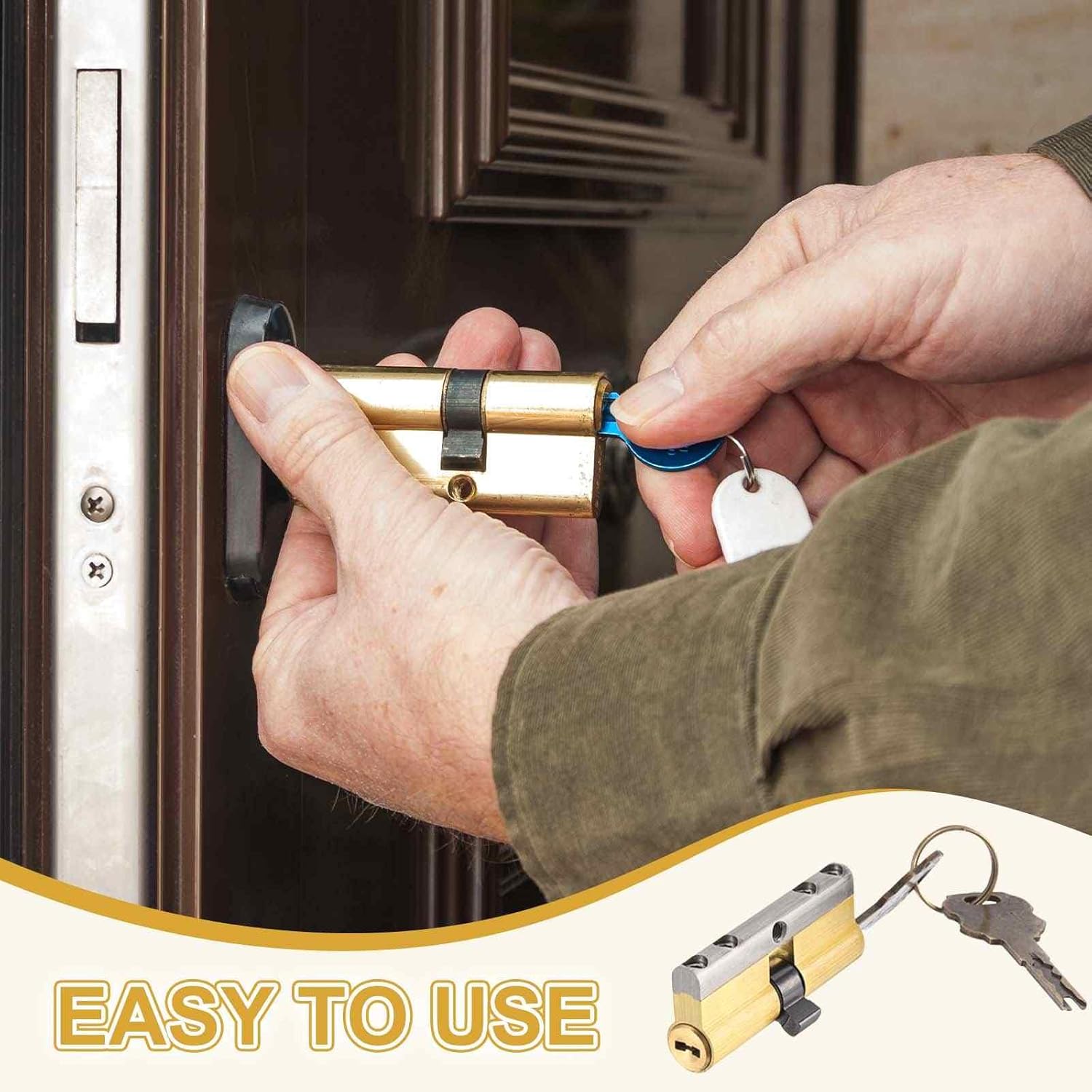 Solid Brass Lock Cylinder (65mm 32.5/32.5) - Double Lock Doors Lock Cylinder Replacement C Grade Anti-Theft with Mounting Screw and 8 Keys for Wooden and Aluminum Doors