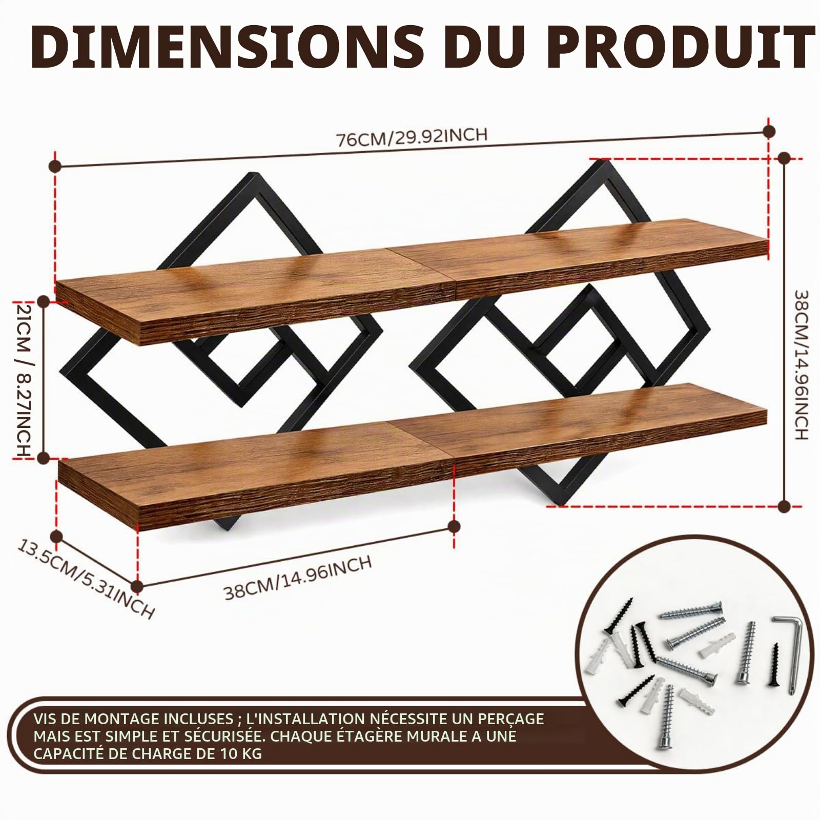 Étagère Murale Flottante, Rangement Suspendu 2 Niveaux, Lot de 2