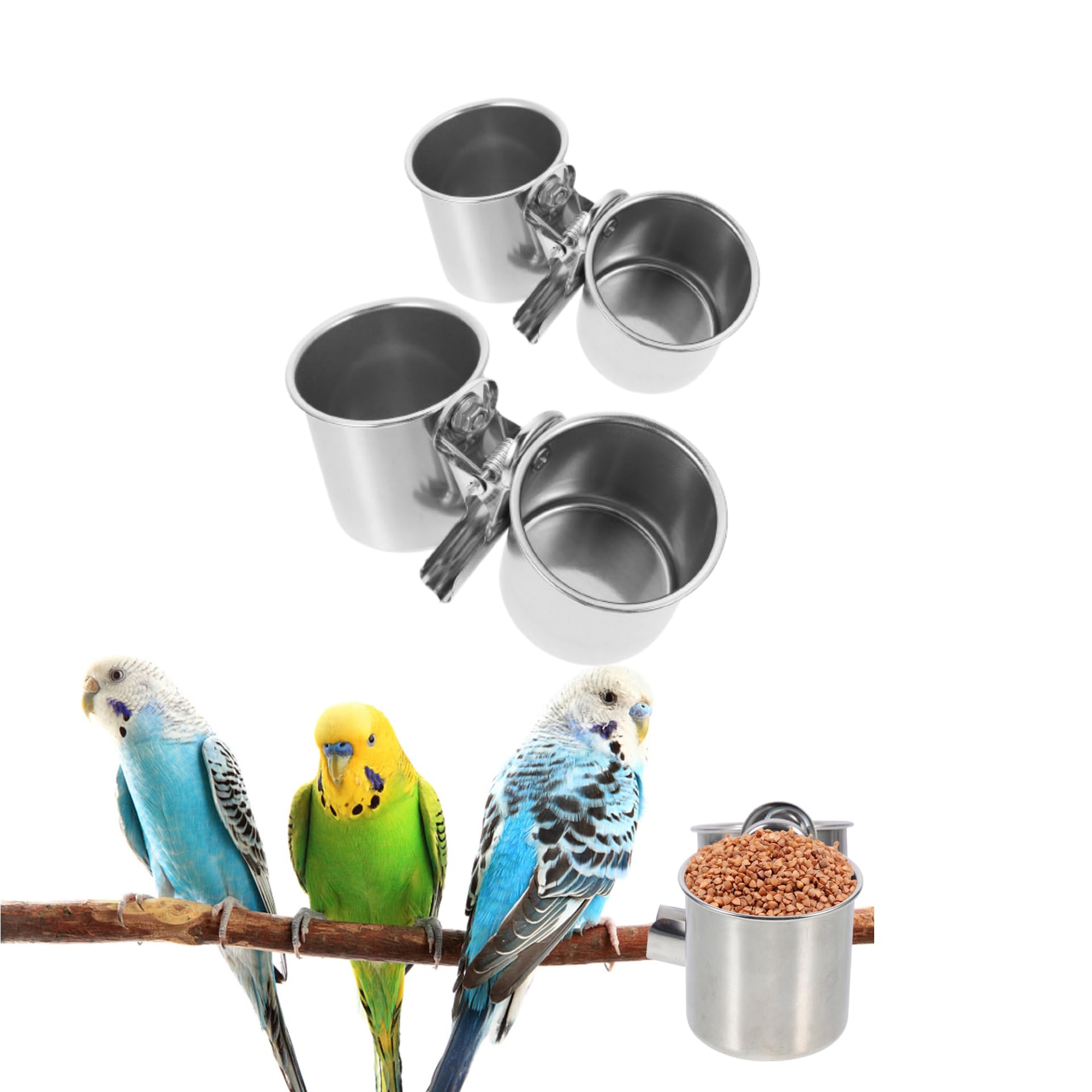 Gamelles en acier inoxydable pour perroquet avec cage à suspendre et support amovible x2