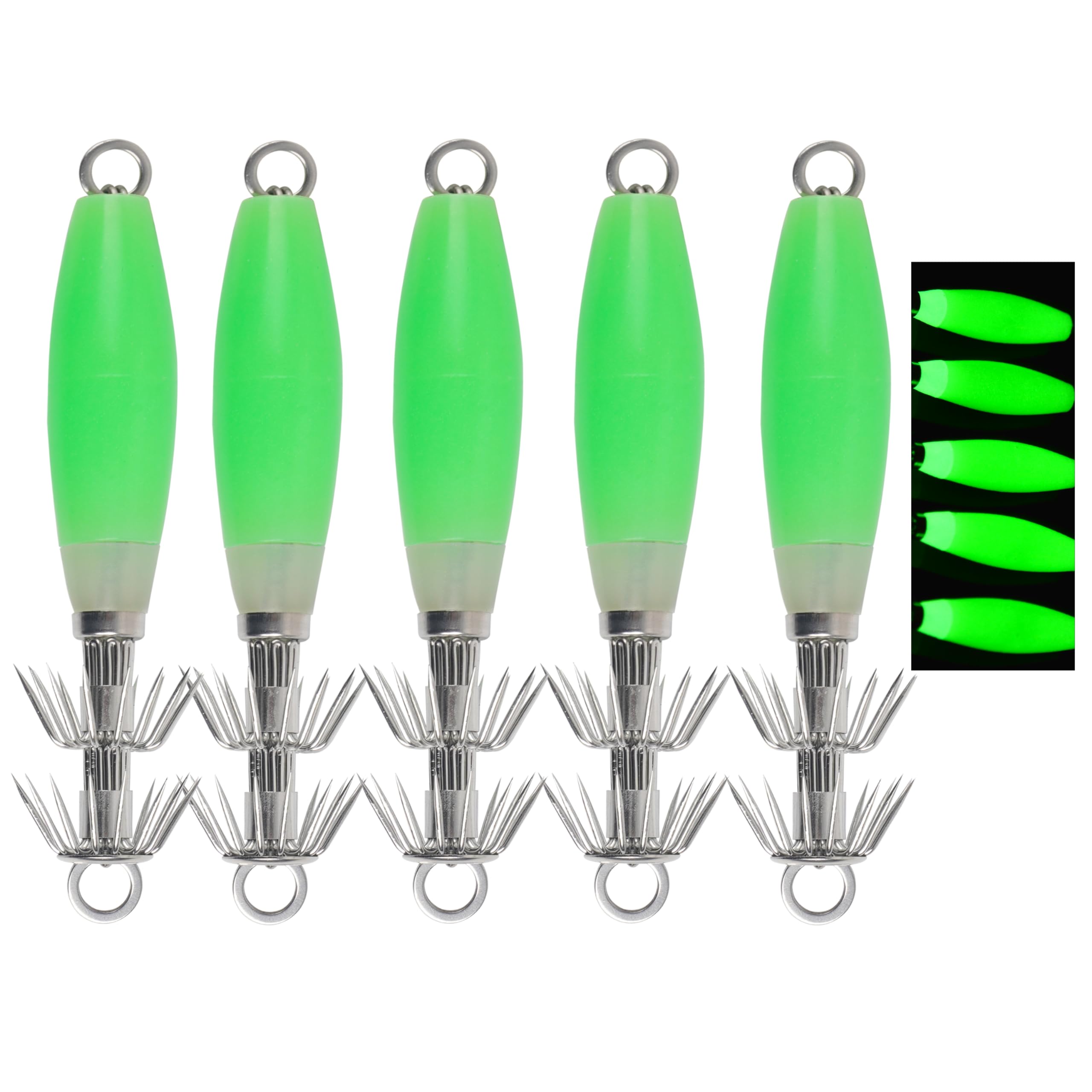 Luminous Squid Jigs Saltwater Fishing Lures, 5pcs/10pcs Glow Squid Jig Hooks Fluorescent Cuttlefish Sleeve Night Fishing Bait Octopus Lures Set with Tackle Box