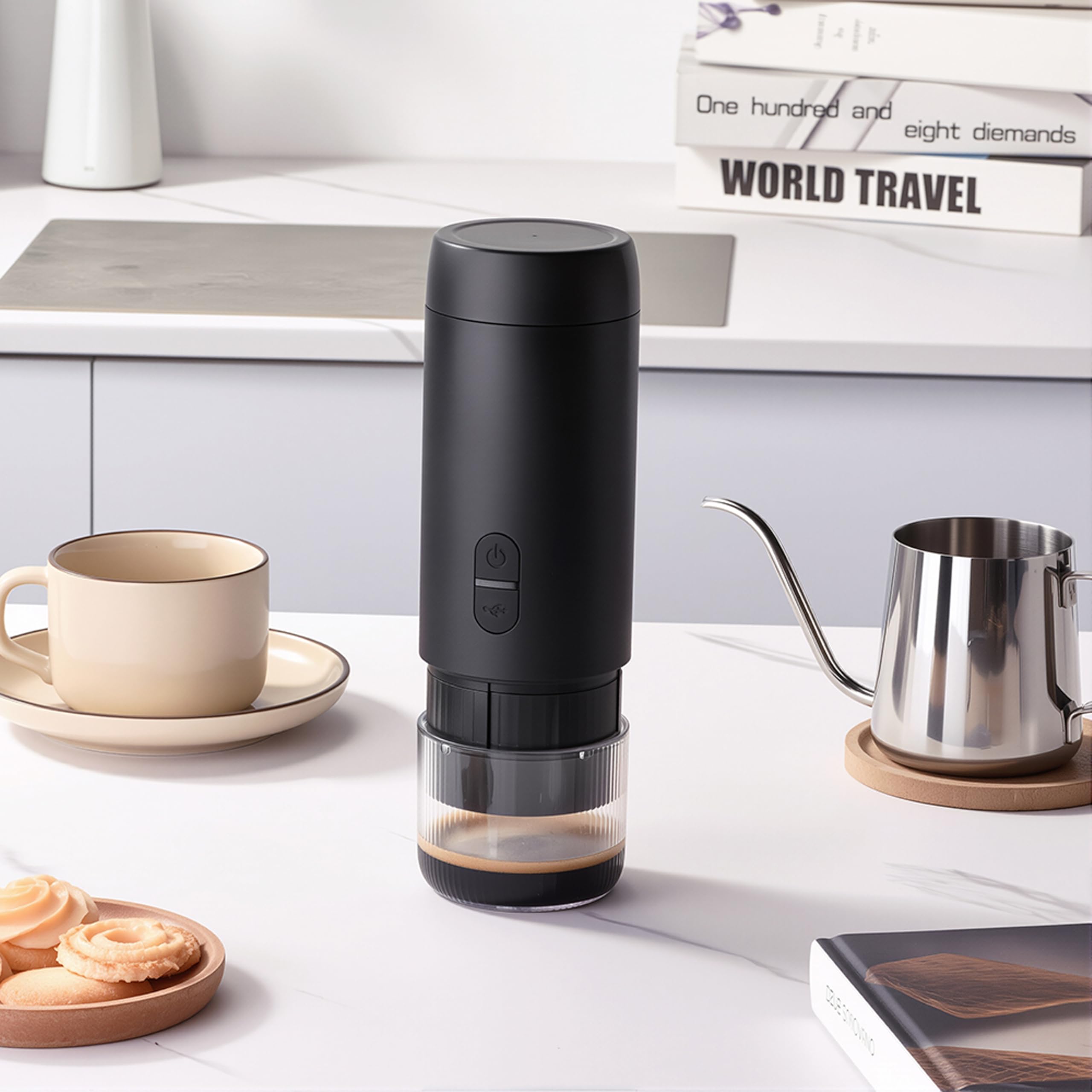 Cafetera eléctrica portátil 2 en 1, cafetera de viaje para camping, cafetera de coche con USB-C, compatible con café en polvo y cápsulas para autocaravana, senderismo, oficina