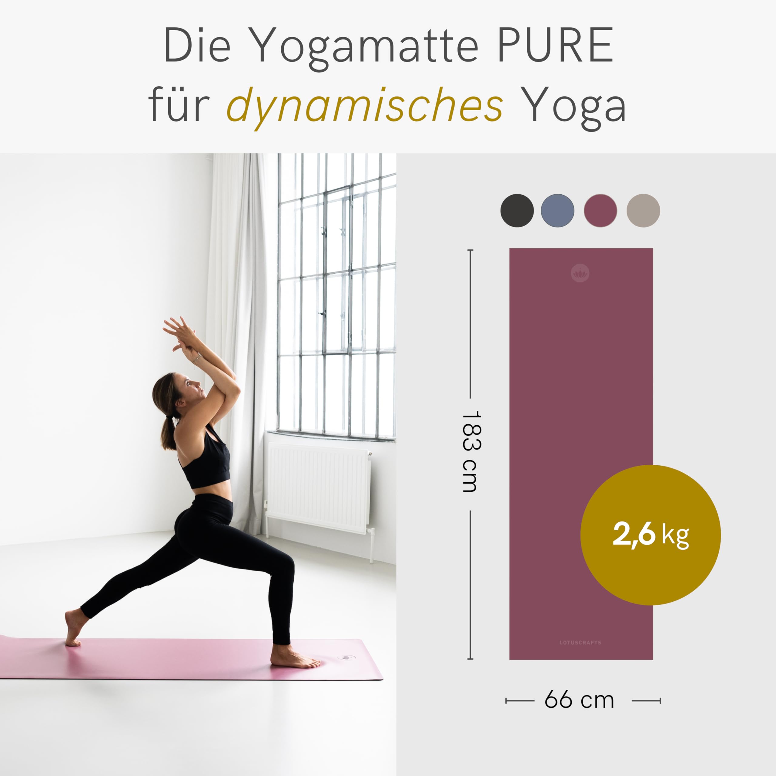 LOTUSCRAFTS® Yogamatte rutschfest, aus Naturkautschuk, universell einsetzbar als Yoga Matte, Sportmatte, Gymnastikmatte, Fitnessmatte, Yoga Mat, Matte Sport, Trainingsmatte