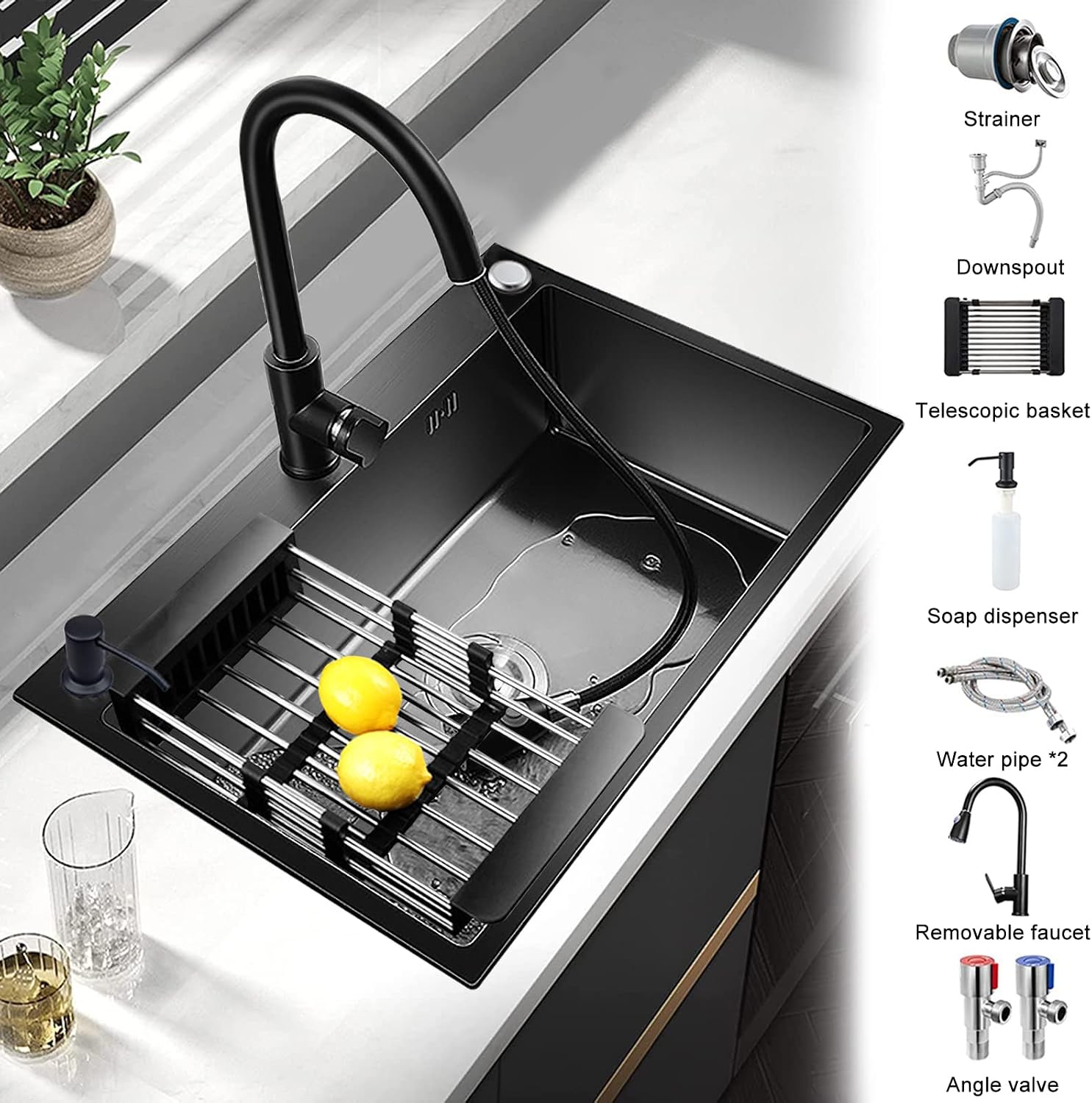 Kitchen Sink with Faucet Undermount Single Bowl Big Thick 304 Stainless Steel Large Capacity Sink Black Nano Thick for Home Múltiples Accesorios