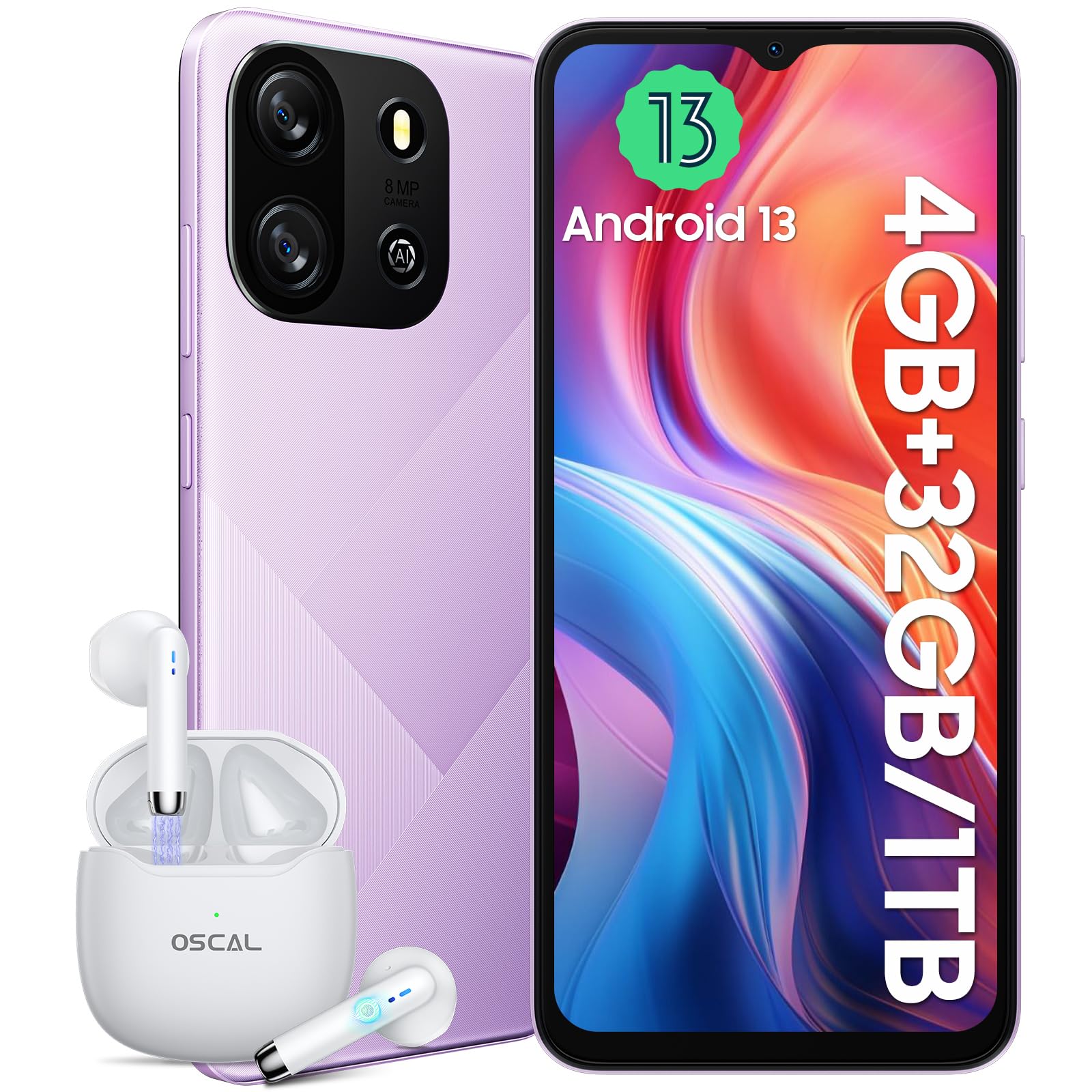 OSCAL Flat 1C Smartphone 4GB RAM 32GB ROM 1TB Espandibile, 4700mAh, 6.5" HD+, 8MP+5MP, 4G Dual SIM Telefono Cellulare, Android 13 Smartphone Offerta Octa Core/BT4.2/5G Wi-Fi/Face ID/OTG Viola