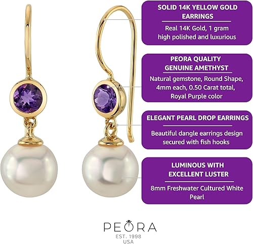 Miniatura 5 de Peora Aretes colgantes de oro amarillo de 14 quilates, perlas blancas cultivadas en agua dulce de 0.315 in y amatista genuina para mujer, piedra