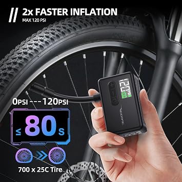 Tiny Pump Mini Bike Tire Pump - Max 120PSI Portable Electric Bicycle Pump with Fast Inflation Auto Stop - Bicycle Inflator with Presta Schrader Valve for E-Bikes Bicycles Various Balls