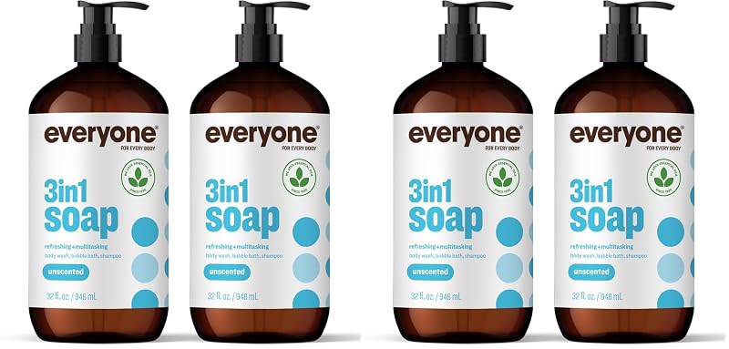 everyone for every body Sabonete 3 em 1 sem fragrância para cabelo e corpo, 946 mL, pacote com 4
