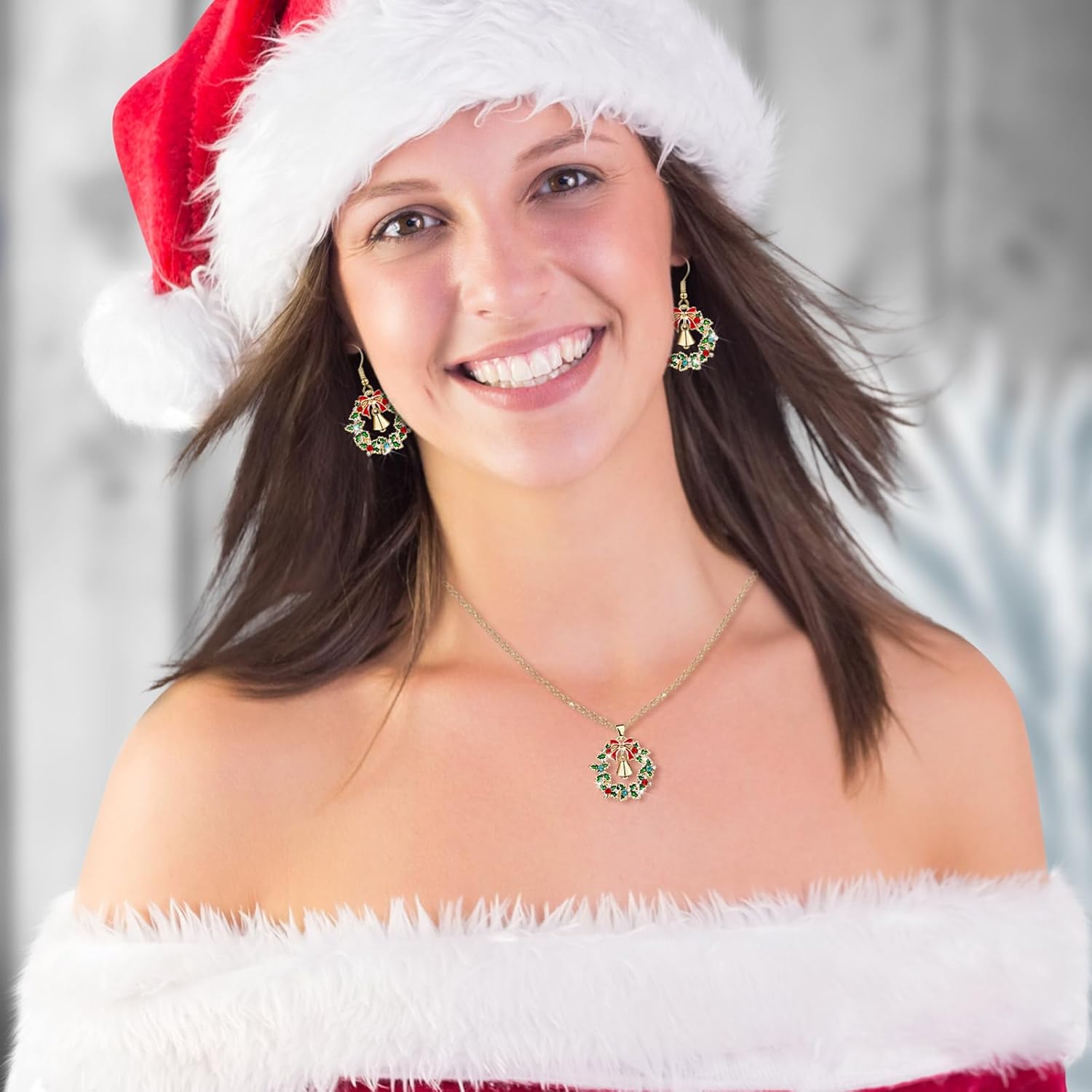 Sasylvia 4 Pieces Christmas Rhinestone Jewelry Set for Women Wreath Bell Dangle Necklace Cuff Bracelet Wreath Hoop Earrings