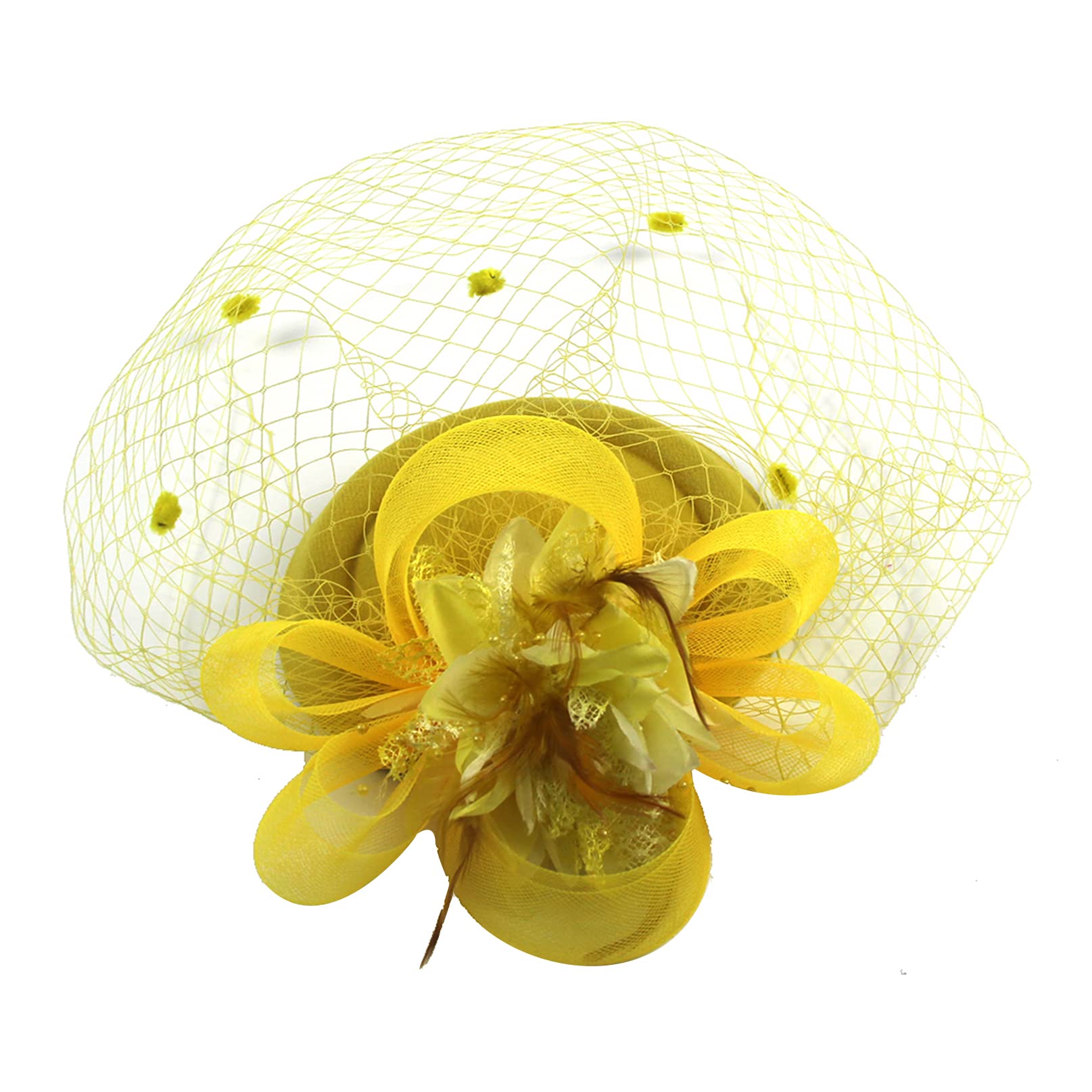 Women's Fascinators Hat,Veil Feather Hair Clip,Vintage Flower Mesh Headband for Wedding Cocktail Tea Party Evening Party (Yellow)