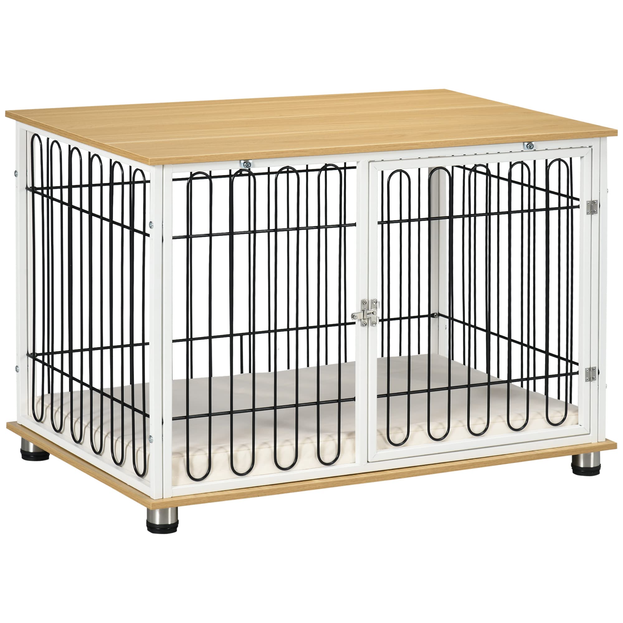 PawHut Jaula para Perros para Interior en Casa 90x58x62,5 cm Mueble Perrera Superficie Mesa Auxiliar con Cojín Lavable Puerta con Cerradura y Rejillas de Acero Roble