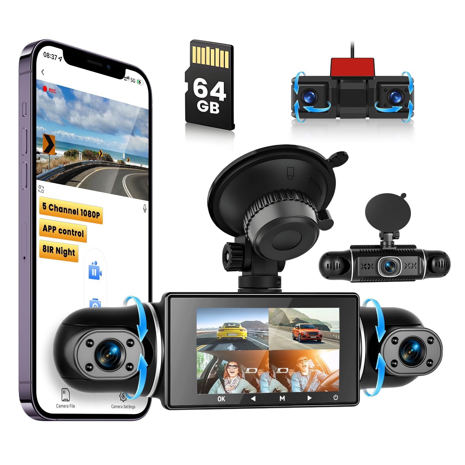 Hikity 5 Channel Dash CAM, 360 ° Dash CAM 1080P * 4 Delantero y Trasero Interior Izquierdo Derecho, Cámara de Coche con Tarjeta de 64GB - Wi-Fi, Grabación en Bucle, G-Sensor, Visión Nocturna