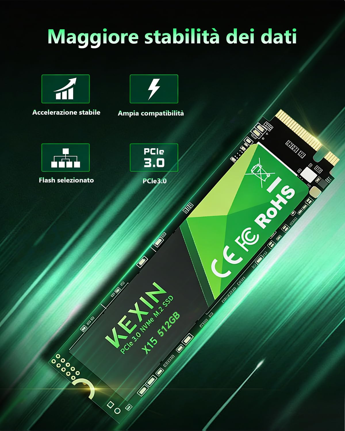 KEXIN 512GB Interno SSD Fino a 3400MB/s M.2 PCLe 3.0 NVMe SSD Internal Solid State Drive