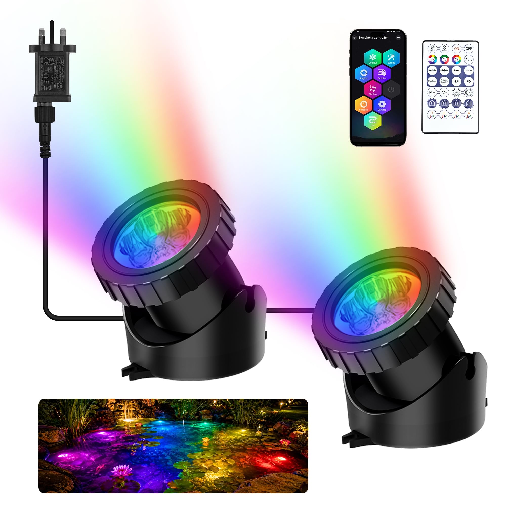 NATPOW Pond Lights, Underwater Aquarium Lights Mains Powered, IP68 Waterproof RGB Spot Lights Colour Changing with APP/Remote Control, 2-in-1 Submersible Lights for Pool Fish Tank Garden