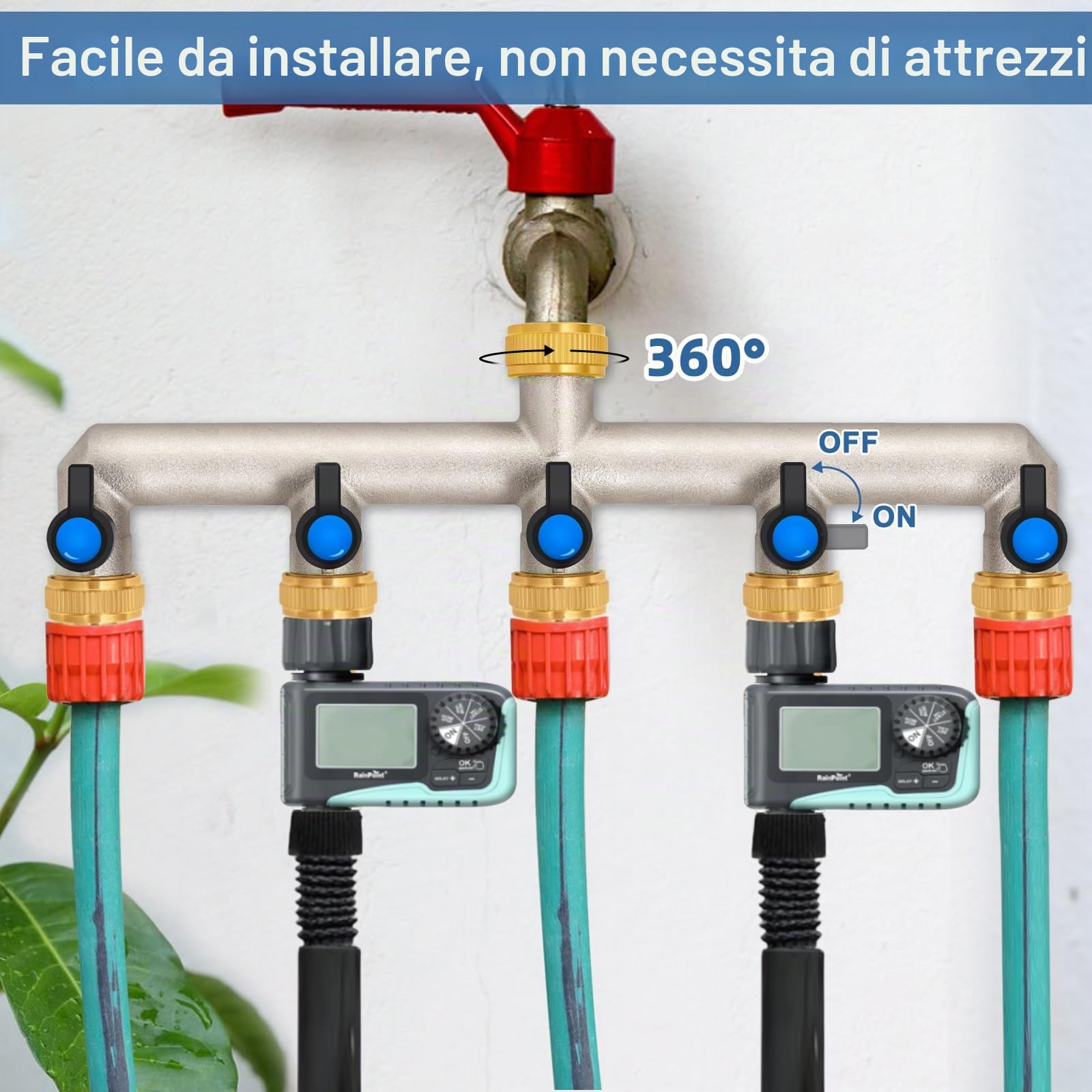 5 vie rubinetto distributore acqua in ottone per 5 dispositivi/tubi da giardino, 5 distributori 3/4" adattatore 1/2" con valvola a sfera per regolare e bloccare il flusso d'acqua