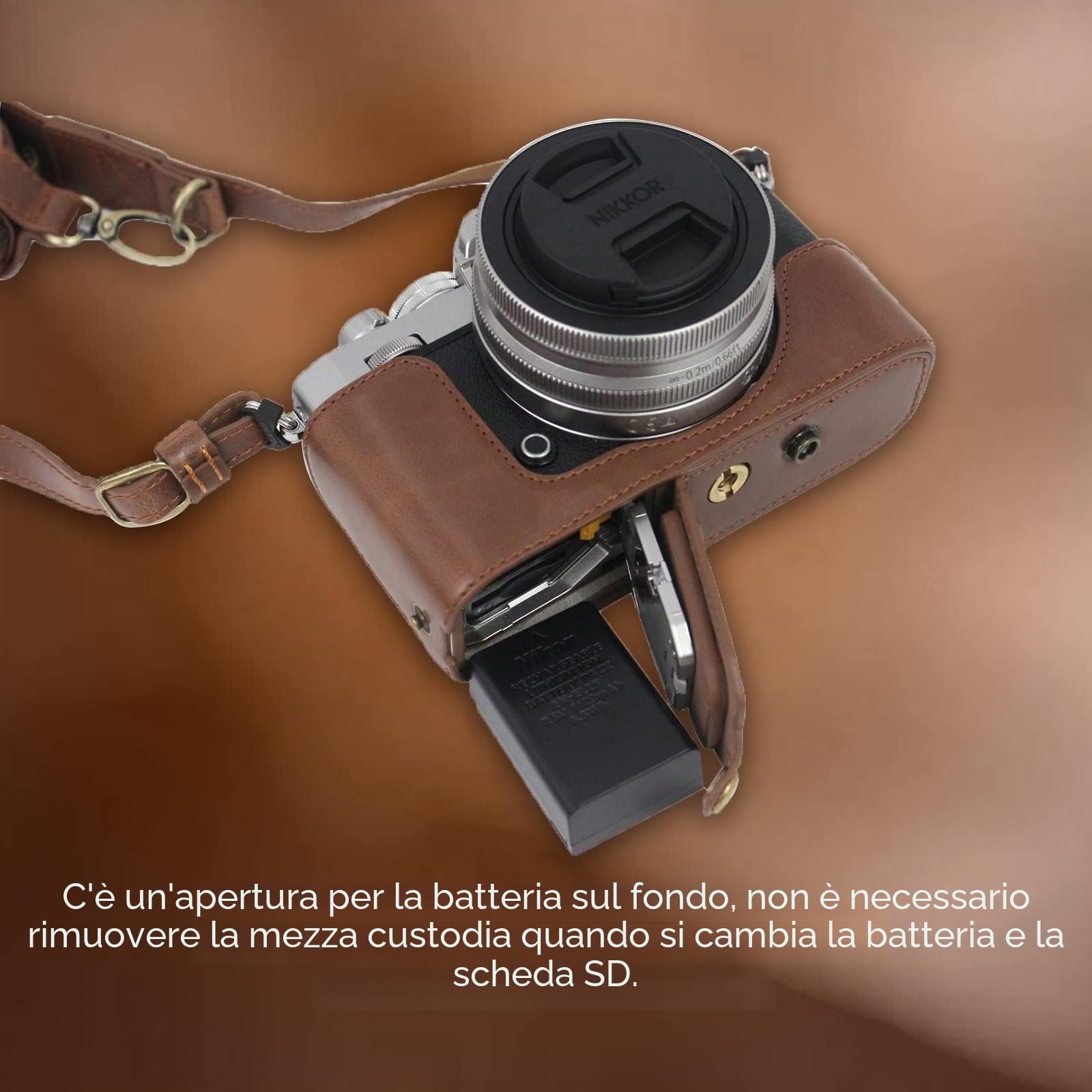 Rieibi Z fc Zfc Custodia per fotocamera, custodia in pelle PU con cinghia per Nikon Z fc Zfc 28 mm f/2.8 SE, obiettivo 16-50 mm f/3.5-6.3, Caffè, Caffè