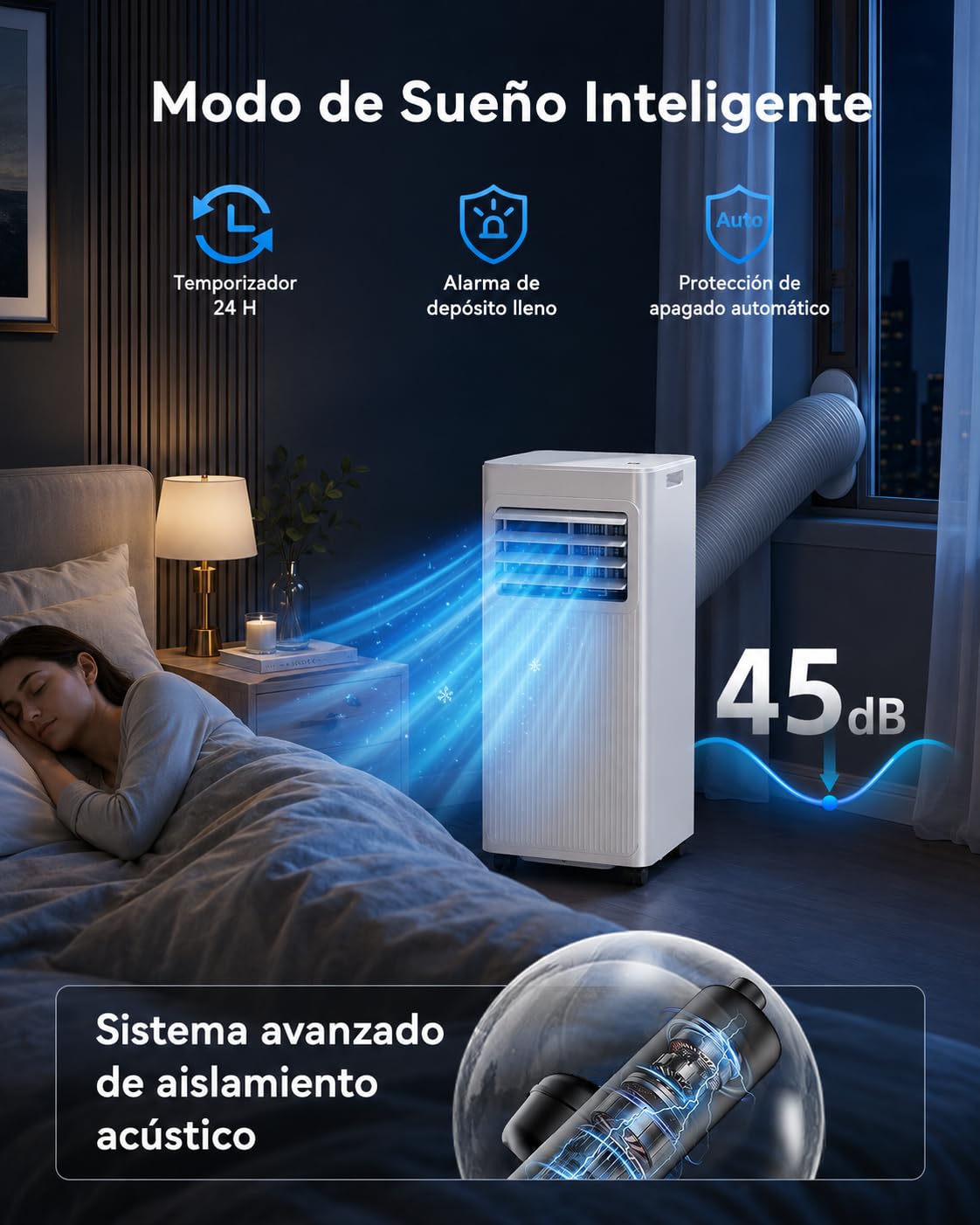 Aire Acondicionado Portátil 7000 BTU, Climatizador 4 en 1 (Frío, Ventilador, Deshumidificador 19L/D, Noche), Bajo Consumo, Silencioso, Temporizador 24H, Mando, Kit de Ventana Incluido, Blanco