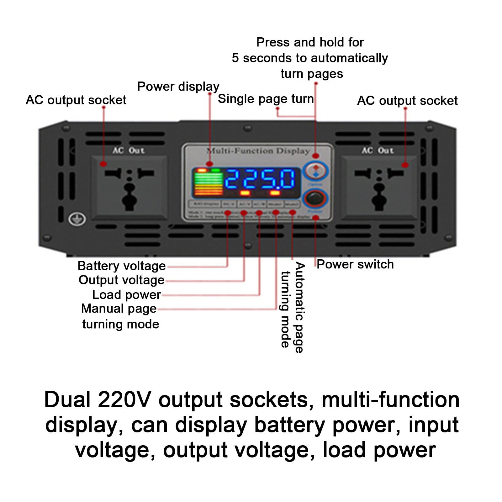 Onda Sinusoidal Pura 3500W 4000W 5000W 5500W 6000W 8000W Inversor de Coche DC 12V 24V 48V 60V 72V a AC 220V Convertidor de Voltaje de Potencia de con Pantalla Visualización Digital,8000W-60V