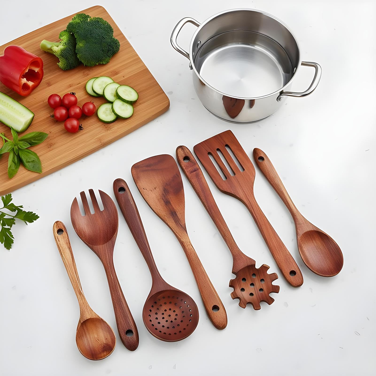 Set Di Utensili Per 8 Pezzi Spatole E Mestolo Resistente Al Calore E | Set Di Utensili Da Cucina In Legno Per Casa All Aperto BBQ Raduno Viaggio Festa Preparazione Del Cibo