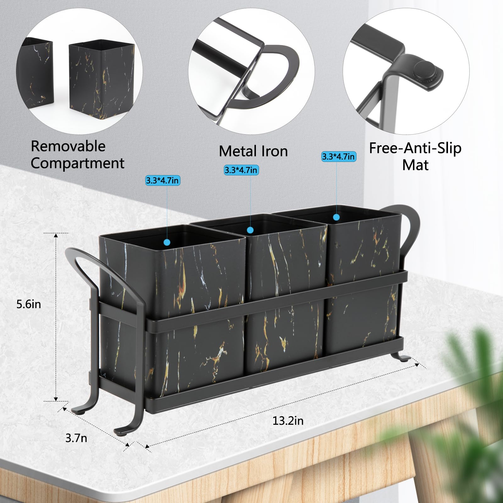 NelyBet Soporte para utensilios de cocina para encimera, organizador de cubiertos, mármol dorado negro, organizador de cubiertos para reuniones de fiestas, metal y diseño duradero