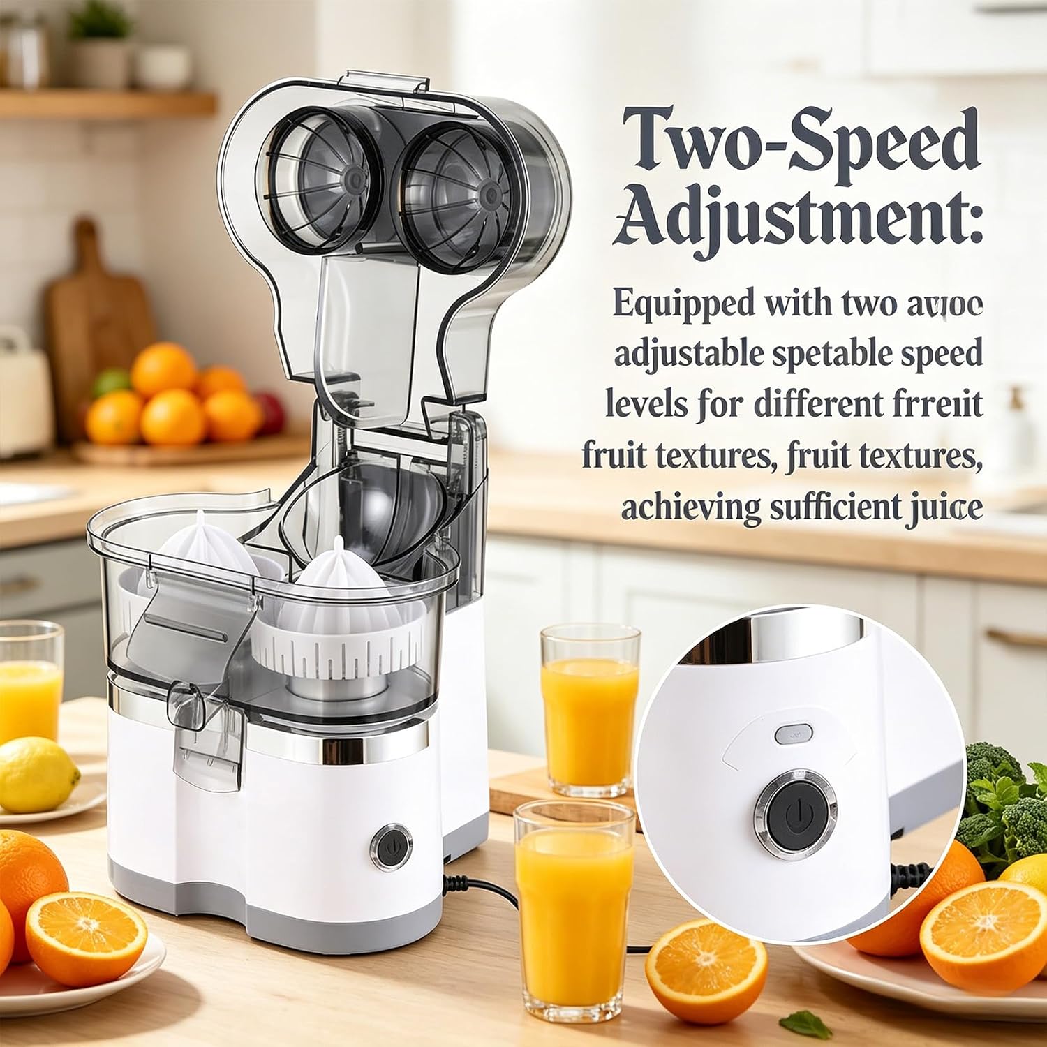 Dual-Head Automatic Citrus Juicer whit Stainless Steel Straws and Food-Grade Spatulas, Electric Squeezer with Built-in Fruit Cutter & Dual Cones, for Orange, Lemon, Lime (white)