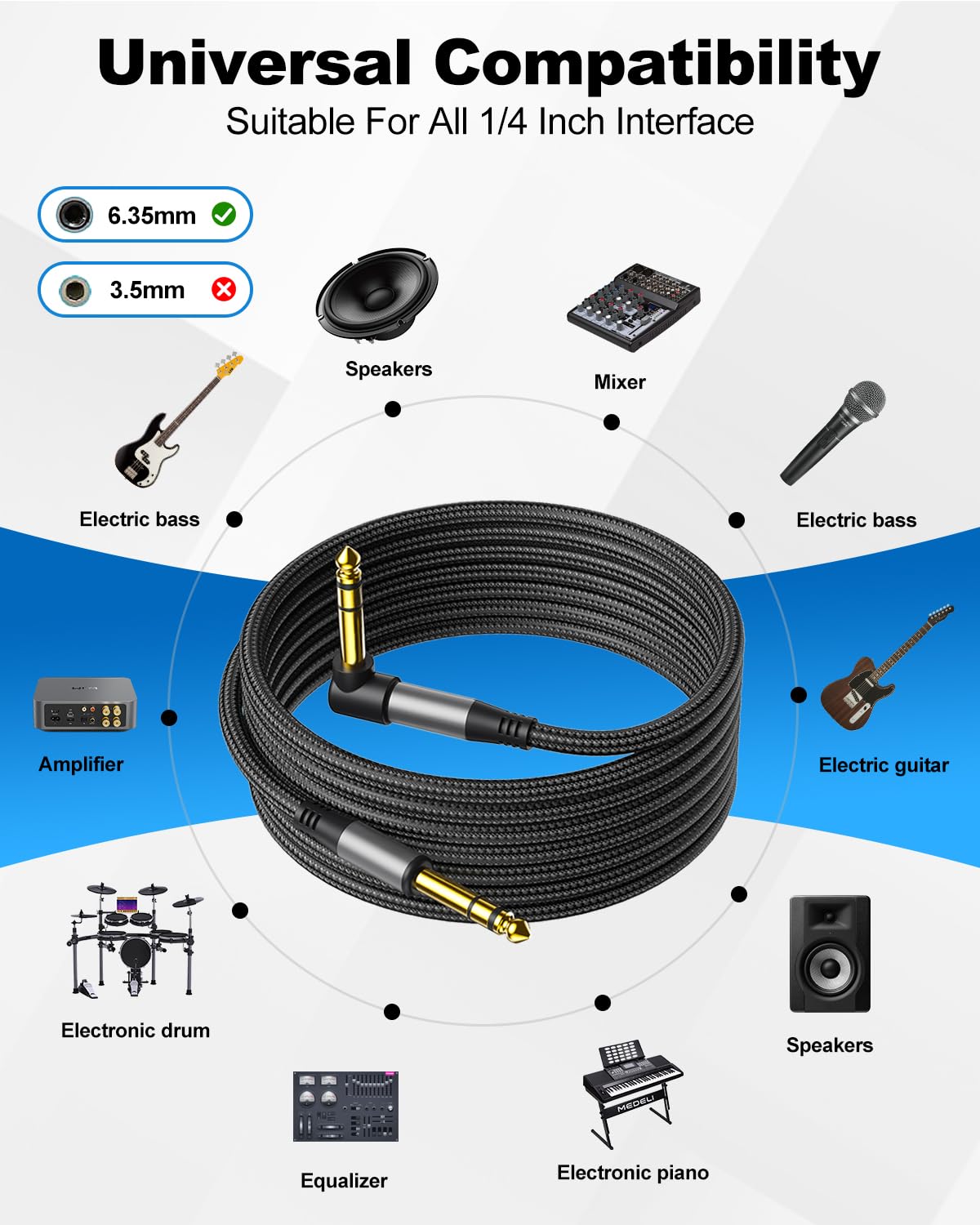 Aqdocvf TRS-Instrumentenkabel, 0,6 cm, 3,5 m, Premium-TRS-Kabel, geräuschfrei und langlebig, Stereo, 6,35 symmetrische Verbindungsleitung für E-Gitarre, Bass, Tastatur, Lautsprecher, Mischpult