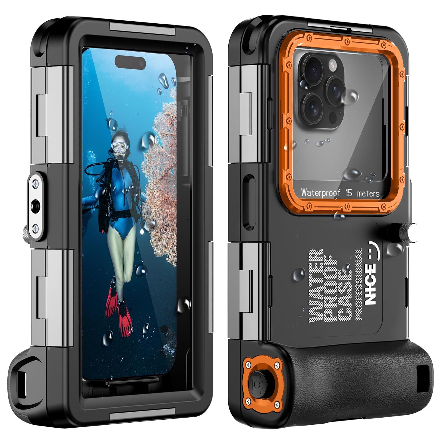 iPhone 16 15 14 13 12 11 Pro Max XR XS X Unterwasser-Tauchgehäuse wasserdicht 15m 50ft Schnorcheln Surfen Fotos Videos Schwarz Orange