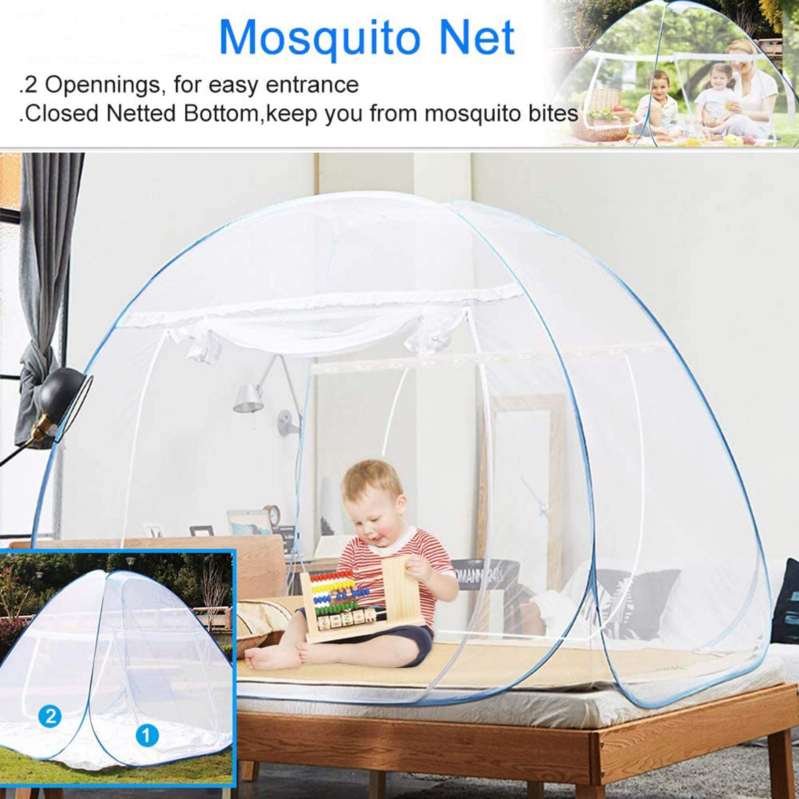 Mosquitera Plegable para Cama con Doble Puerta, fácil de Instalar, con Parte Inferior antipicaduras de Mosquitos, para Cama, Camping, Viajes, hogar, una Sola Puerta, 200 x 200 x 160 cm