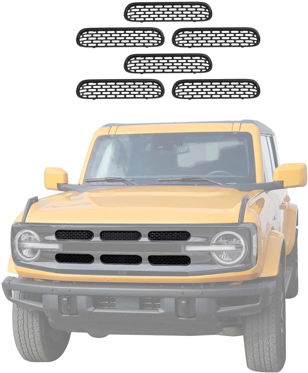 Jimen Compatible with Ford Bronco 2021-2023, 6PCS Front Grille Inserts Mesh Grill Cover Exterior Trim Accessories (Matte Black)