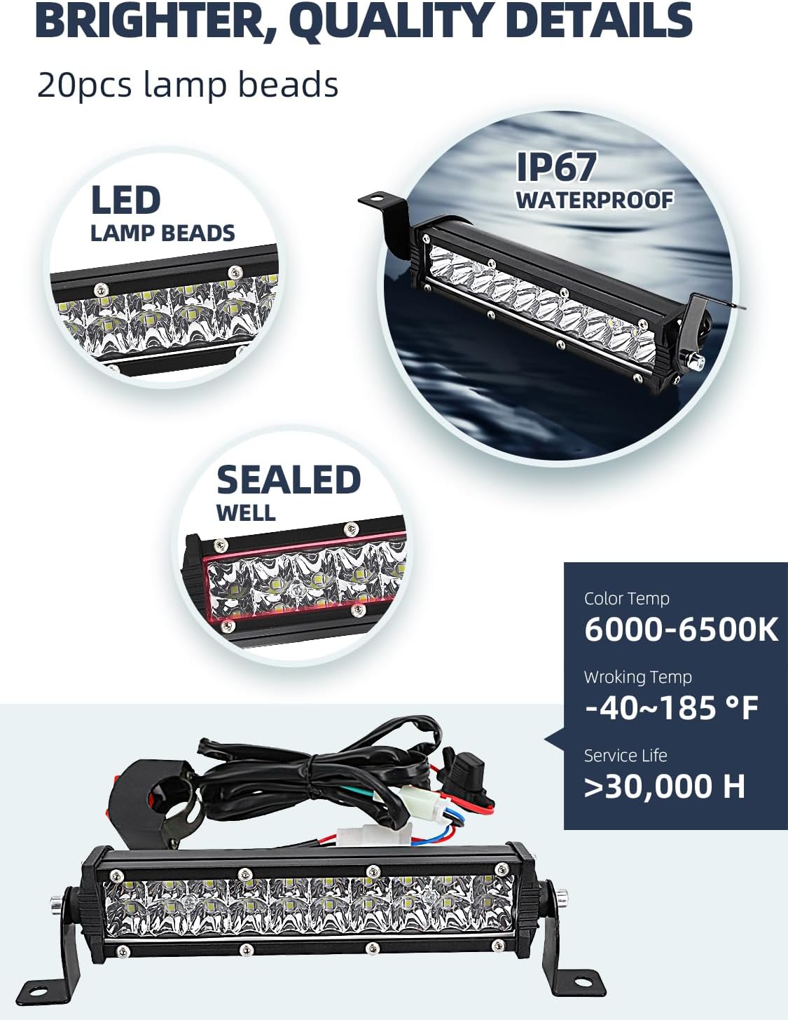 Dirt Bike Light Bar 60W 4200LM Motorcycle Headlight Light Bar Plug-Play Universal for Most 7/8" handlebar CRF110 KLX140 KLX110 TTR110 TTR110E KLX PW XR RM KX Motocross