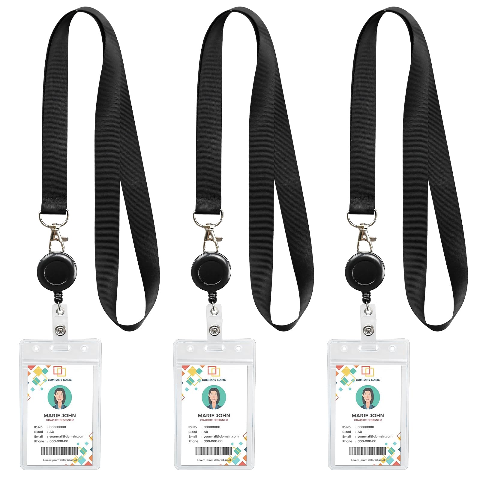 3 Pack Black Lanyard Retractable Badge Reels with Vertical ID Badge Holder for Teachers, Students, Office Workers