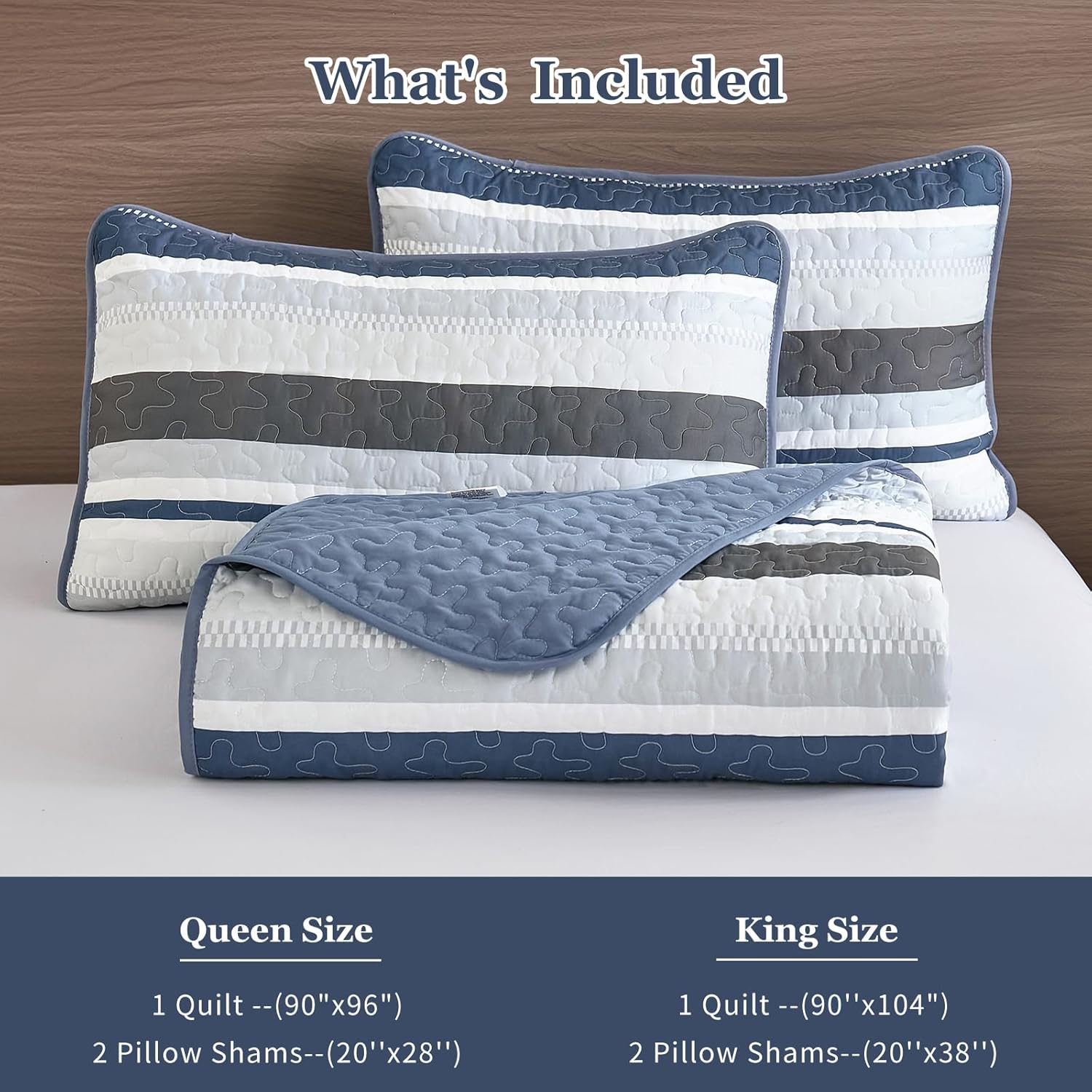 WONGS BEDDING Queen Size Quilt, Mineral Blue Striped Bedspread Coverlet Set, Queen Size Quilts fo Bed,Lightweight Bedding Set for All Season 96"x90" - Image 6
