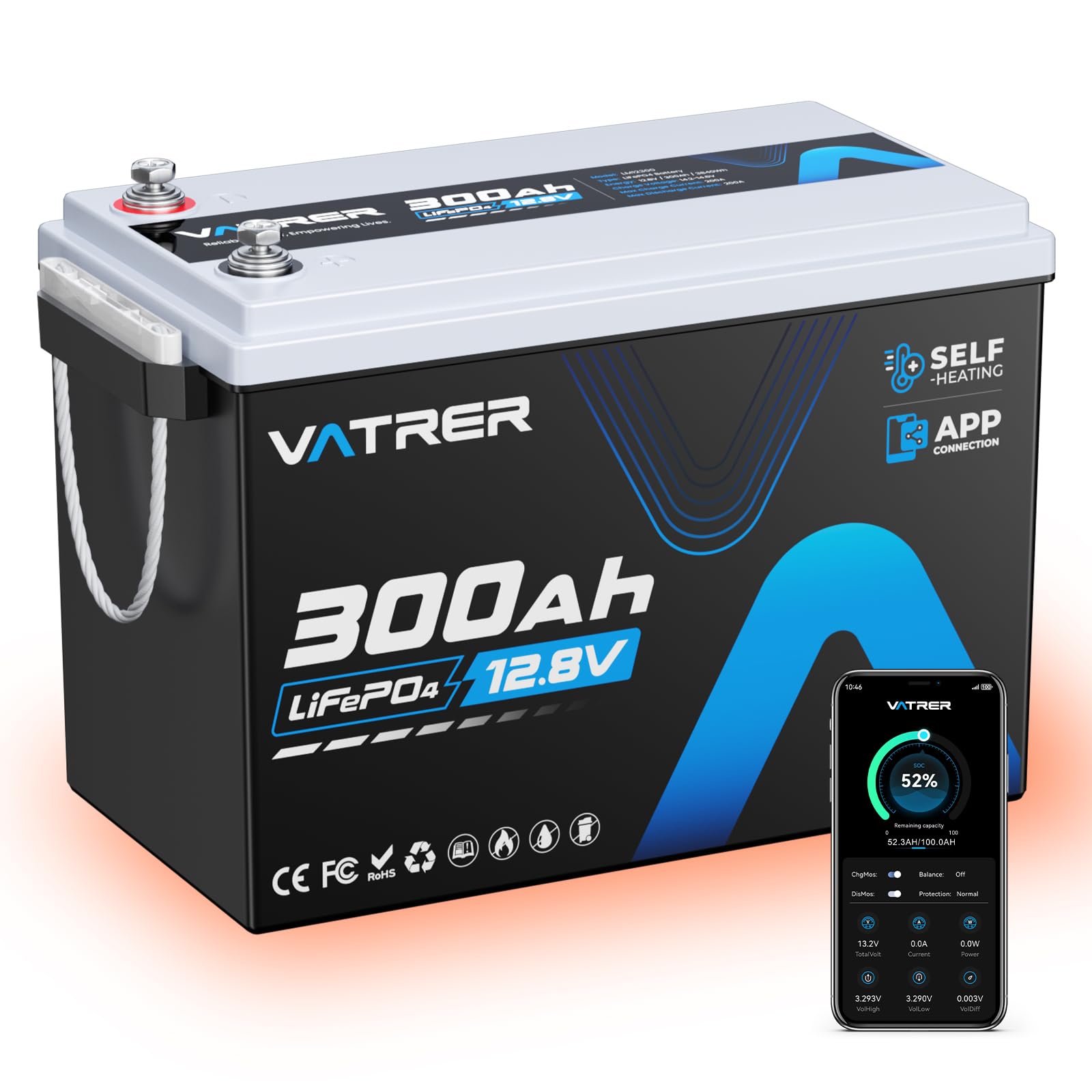 VATRER POWER Batterie LiFePO4 12V 300Ah Chauffante Bluetooth BMS 200A