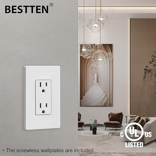Miniatura 5 de BESTTEN - Enchufe decorativo de pared de 15 amperios, placas de pared sin tornillos incluidas, no resistentes a manipulaciones, 15A125V1875W, para