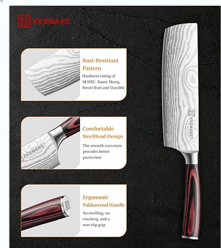 Miniatura 4 de KEEMAKE Nakiri - Cuchillo para carne cuchillo de cocina afilado de 7 pulgadas para cortar cuchillos de cocina de verduras, acero inoxidable
