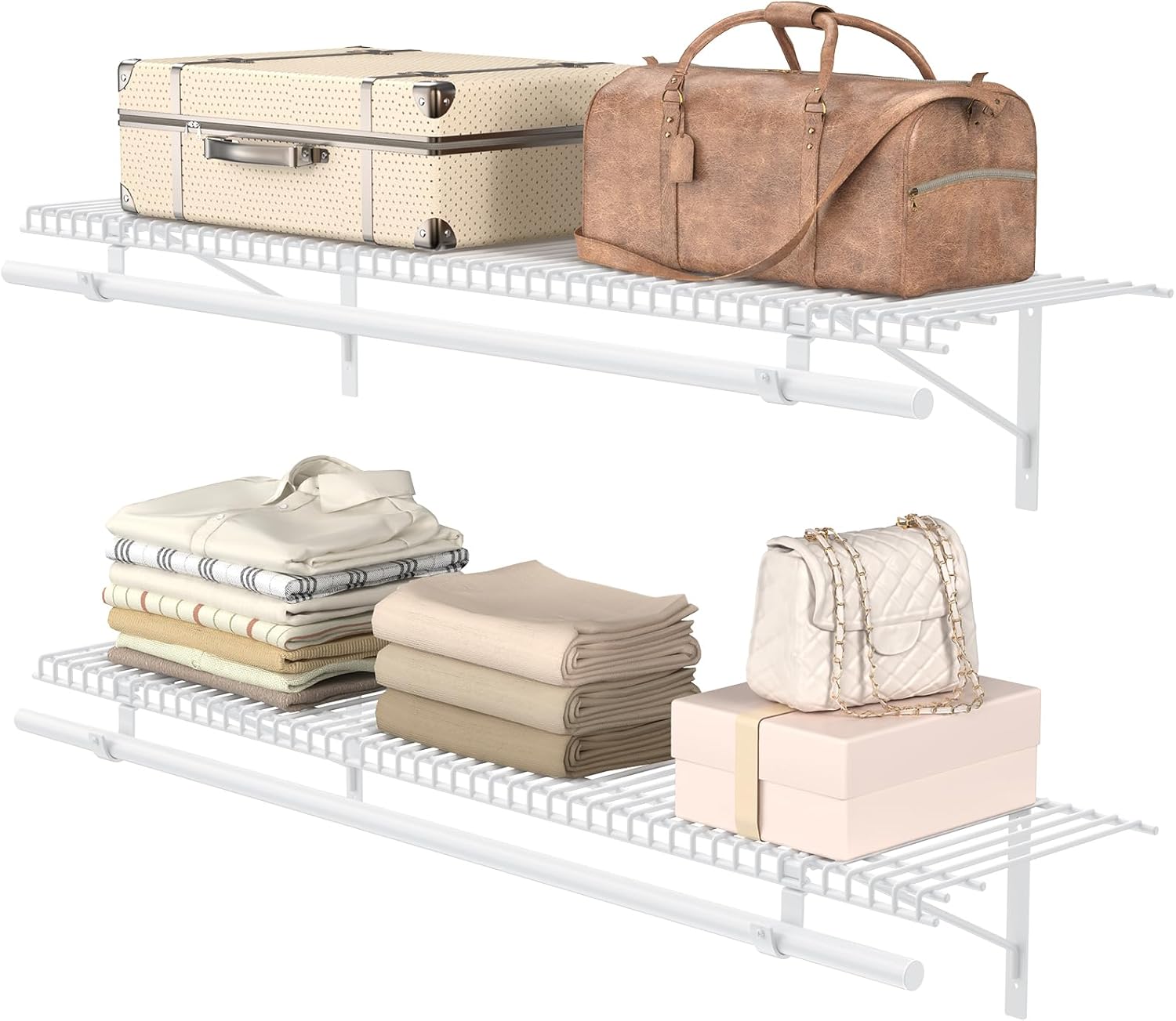 2 Pack Closet Shelves with Triangular Brackets and Hanging Rod, 4FT X 12IN Wall Mounted Wire Shelving Orgnizer for Closet,Laundry Room,Pantry,Load Up to 150lb, White