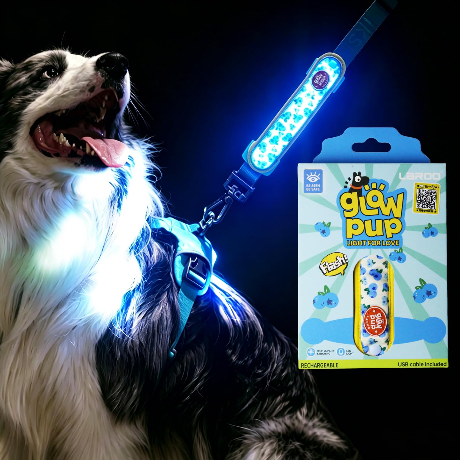 LaRoo Light Up Dog Collar with Velcro, Universal Glowing Collar Accessories for Leash Harness,Dog LED Flashing Collar Night Outdoor Safety for Puppy Small Medium Dogs(Blueberry) — image 1