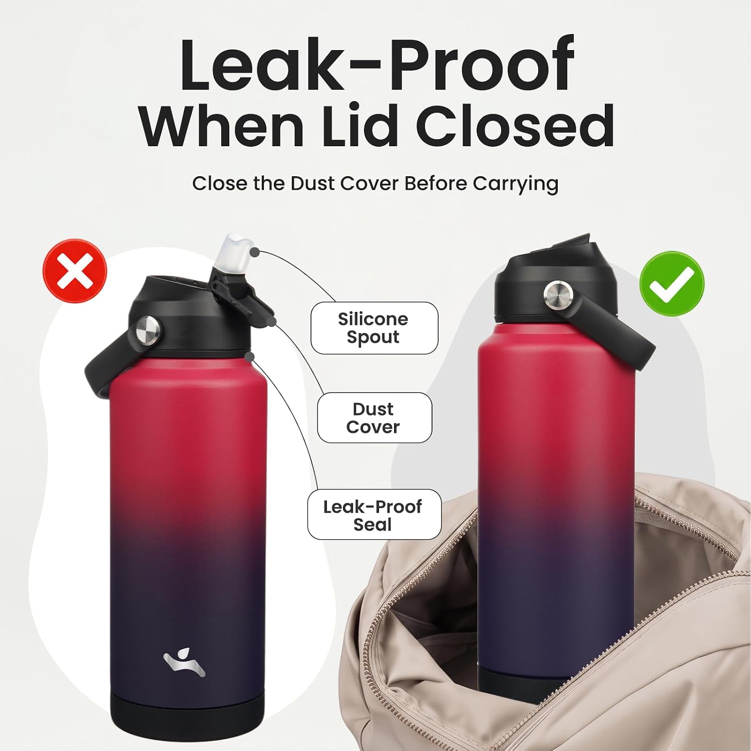Konokyo 32 oz Insulated Stainless Steel Sports Water Bottle with Straw Lid