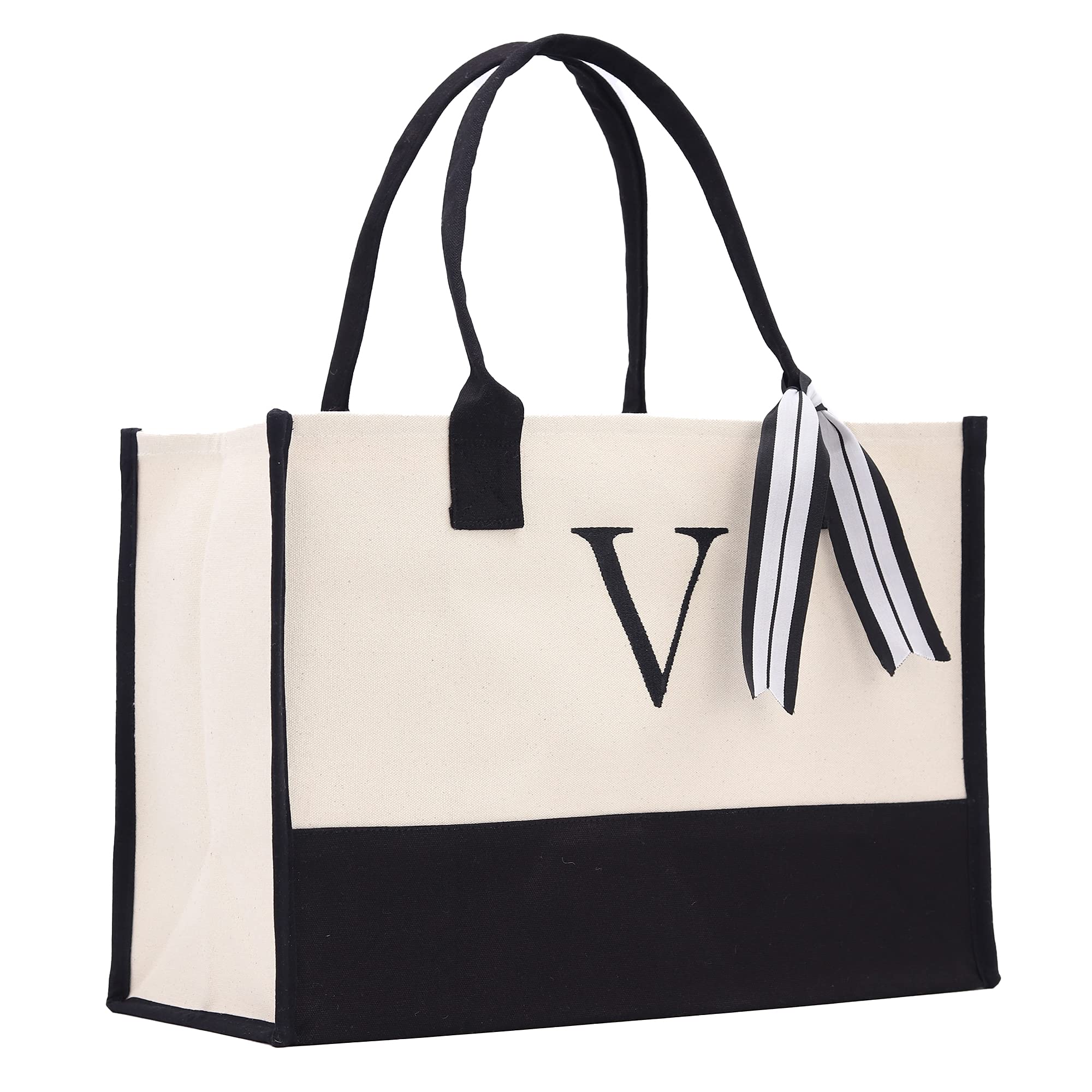 VANESSA ROSELLA Personalized Gift Monogram Initial 100% Cotton Two Tone Chic Tote Bag with Customize Option - Black