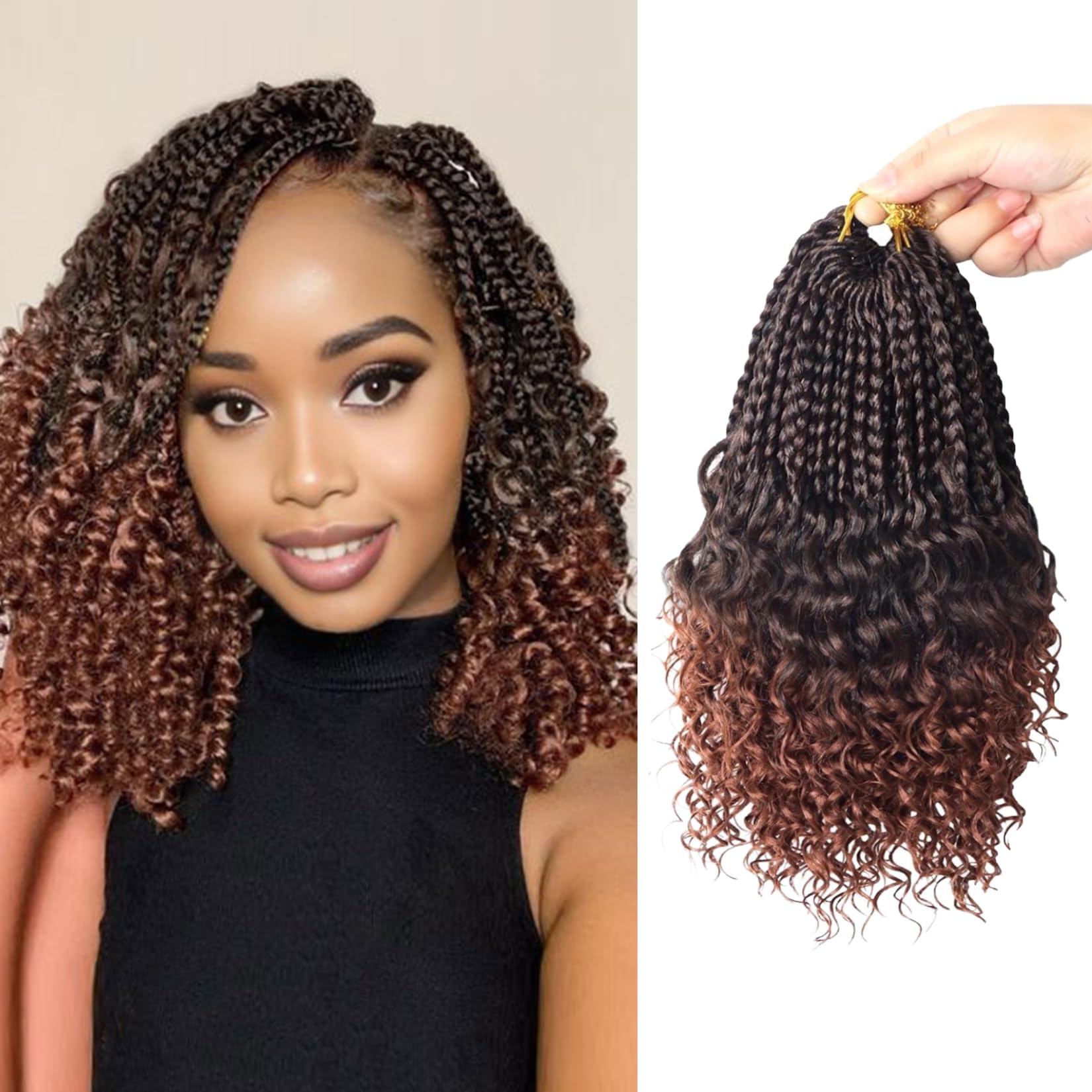 Boho Box Braids Crochet Hair Pre Looped 10 Inch - Goddess Box Crochet Braids Hair for Black Women with Curly Ends, 8 Packs Bob Boho Hippie Synthetic