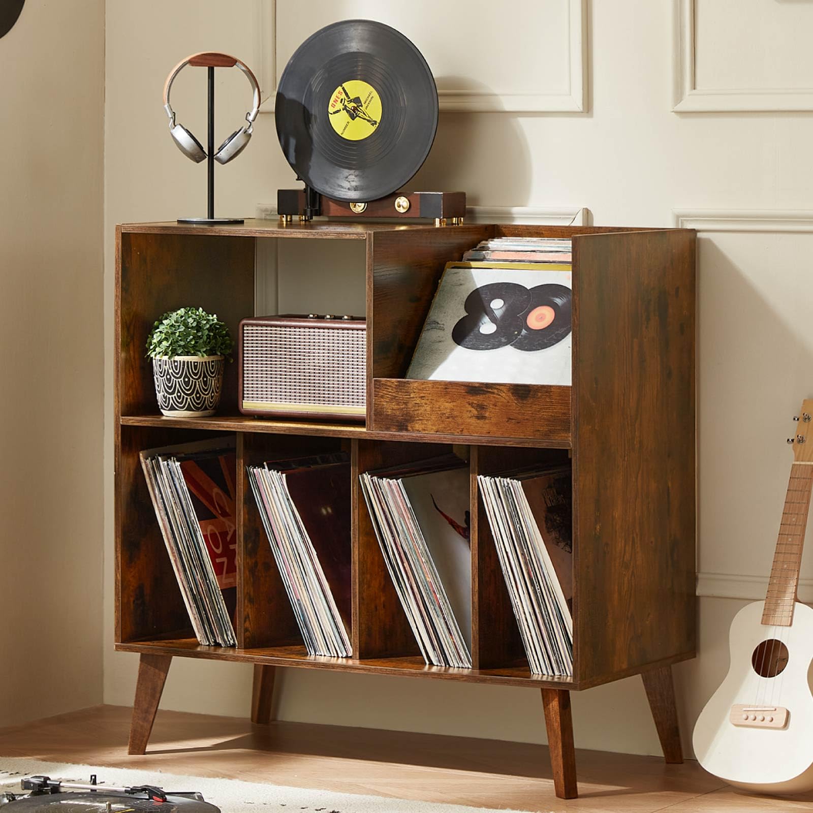 LELELINKY Large Record Player Stand, Holds Up to 300 Albums, Wooden, Retro Design, Stable Structure
