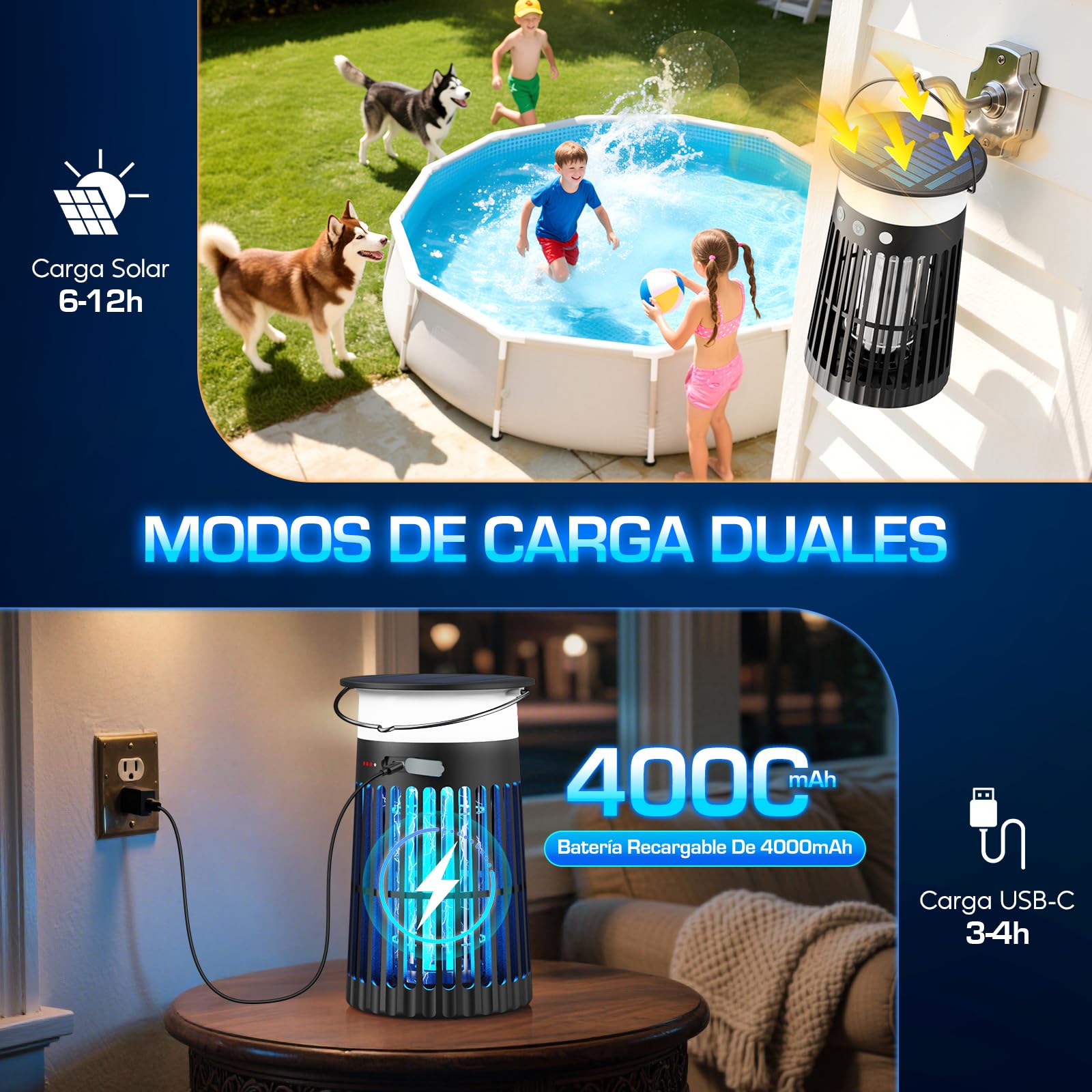 Lámpara Antimosquitos Solar de Exterior, Mata Mosquitos Eléctrico 4200V, Impermeable IPX5, Carga Solar y USB-C, Batería 4000mAh, Sin Cables para Jardín, Terraza, Balcón e Interior