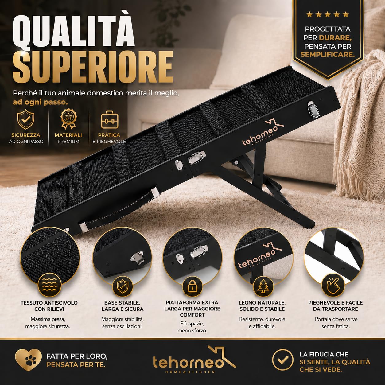 TEHORNEO Rampa per Cani, Scalette per Cane 4 Altezze da 25 cm a 41 cm, Scala per Cani Letto Portata Massima a 20 kg con Base Antiscivolo, Scaletta per Gatti, Scaletta Cani, Rampa per Cani Letto