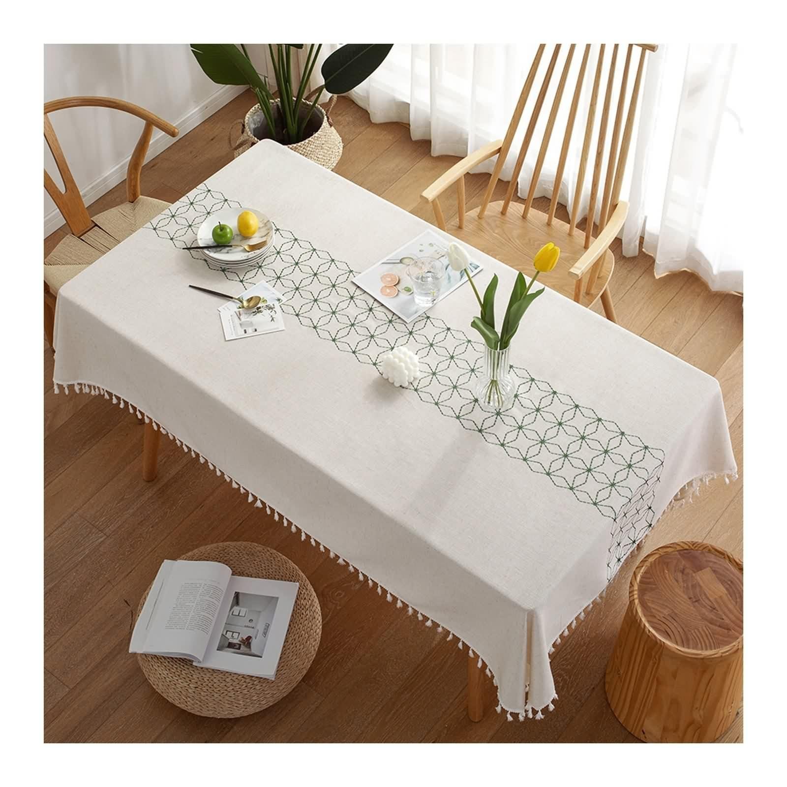 Mantel verde para mesa de cocina, comedor, poliéster, diseño geométrico de rombos, 100 x 160 cm
