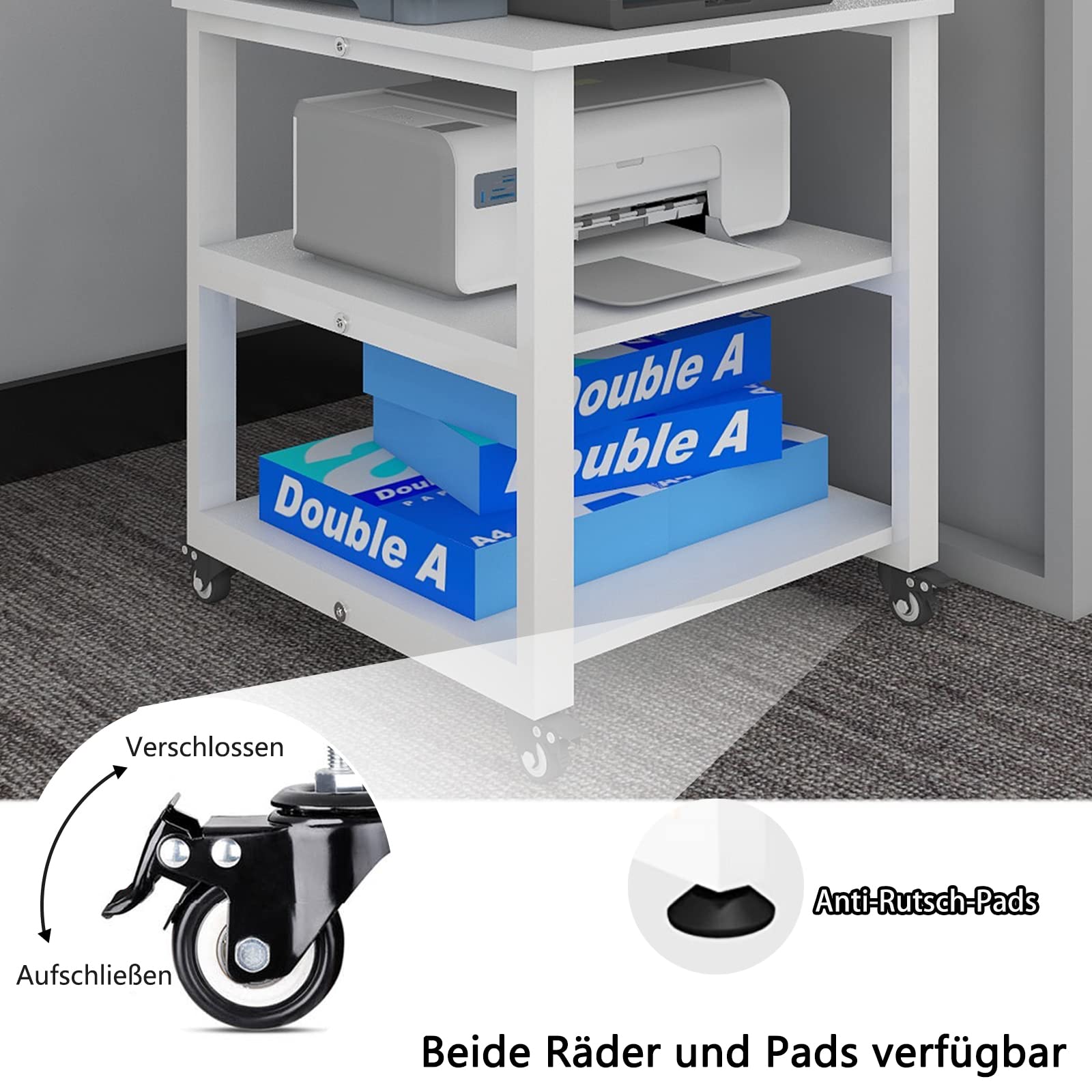 PUNCIA 3-Ebene Druckertisch mit Universalrollen mobiler Druckerständer aus Holz & Metall Druckerwagen Stauregal 50x50x50cm bis zu 70 kg belastbar weiß für Büro Zuhause Office Schule