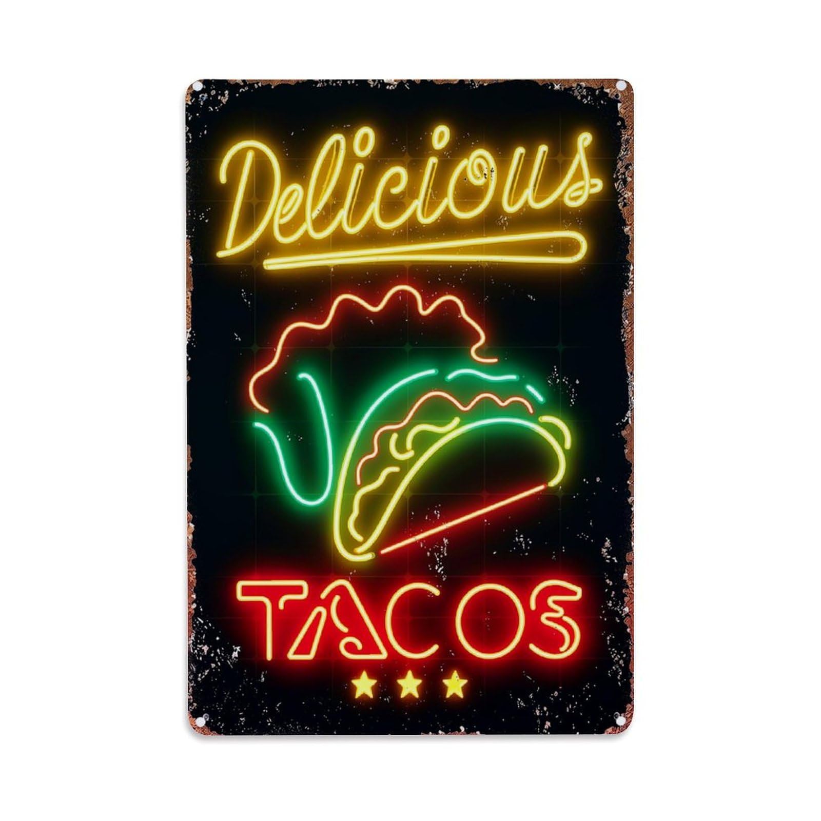 Jdfenggu Vintage Delicious Tacos Neon Sign Design Retro Metal Tin Sign, Metal Poster For Bar, Home, Man Cave, Kitchen, Laundry Room Art Decor 8X12 Inch