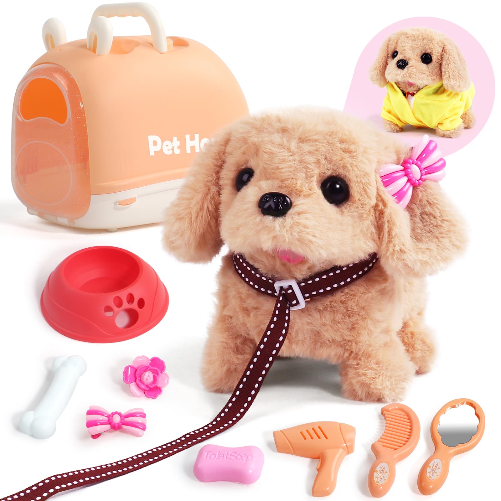G.C Elettronico Cane Giocattolo Che Cammina e Abbaia con Gabbia per Cani e Guinzaglio, Interattivi Animali Cagnolino Giocattolo Toelettatura Cane Peluche Giochi di Ruolo Regalo Bambina 3 4 5 6 Anni