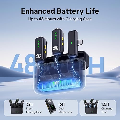 Miniatura 3 de Micrófono Lavalier inalámbrico para Android iPhone15 16 pro PC, batería de 48 horas, rango de 131.2 ft, cancelación de ruido de 3 niveles y